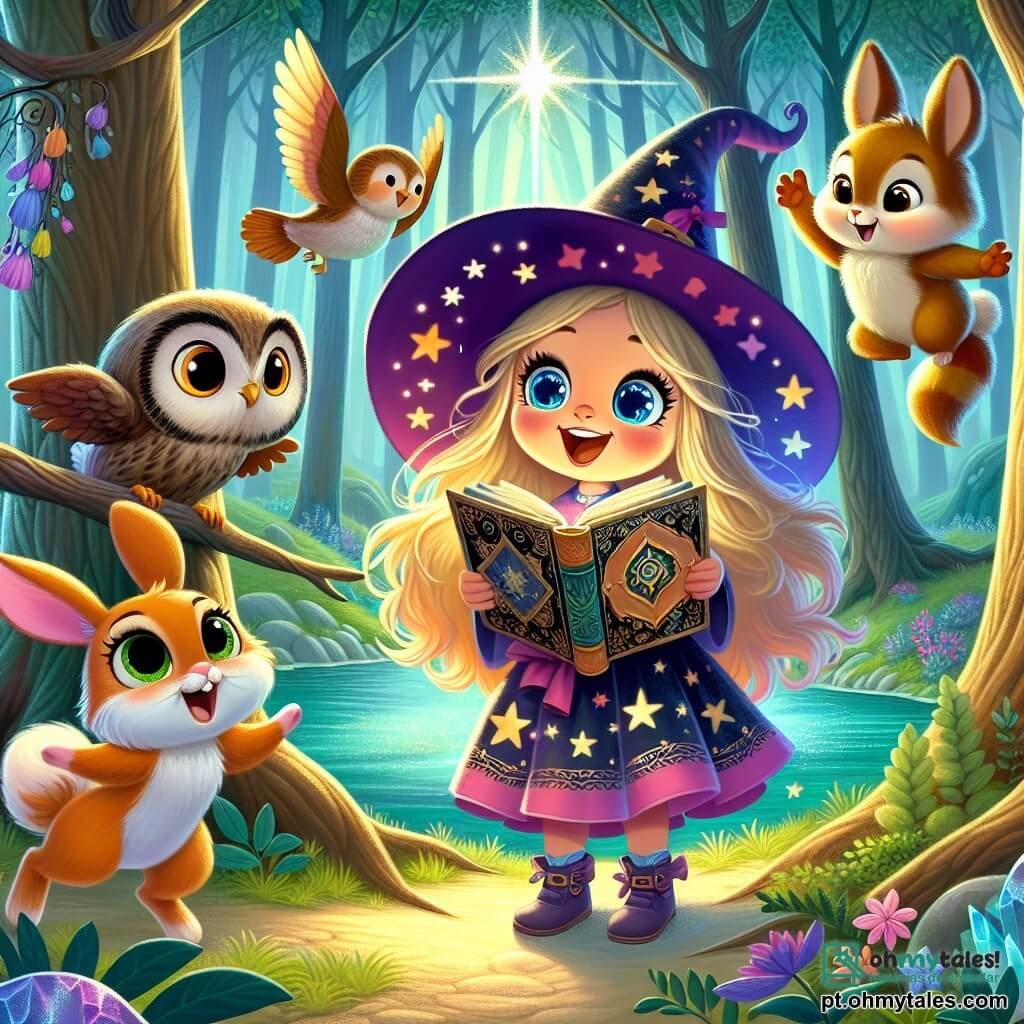 No centro da imagem, Lila, uma aprendiz de bruxa de cinco anos, está com um grande sorriso maravilhado. Ela tem longos cabelos dourados que brilham como raios de sol e olhos azuis cintilantes. Ela usa um vestido colorido adornado com estrelas e segura um livro antigo aberto nas mãos, seus olhos fixos em uma luz cintilante. Ao lado dela, Tico, um coelho travesso de grandes orelhas, pula alegremente, seus olhos vivos cheios de excitação. Um pouco mais adiante, Olívia, uma sábia coruja de penas marrons, está empoleirada em um galho, observando a cena com curiosidade. Pip, um esquilo travesso de pelagem cinza, sobe rapidamente ao longo de um tronco de árvore, pronto para explorar. A cena ocorre em uma clareira mágica da Floresta Encantada, cercada por árvores majestosas com troncos grossos e folhas coloridas que brilham sob a luz de uma estrela cintilante. No centro da clareira, uma fonte de água cristalina emite um brilho luminoso, criando uma atmosfera mágica. Lila e seus amigos cantam juntos uma melodia mágica para liberar a luz da fonte, enquanto uma estrela colorida começa a aparecer, iluminando a floresta com um brilho radiante.