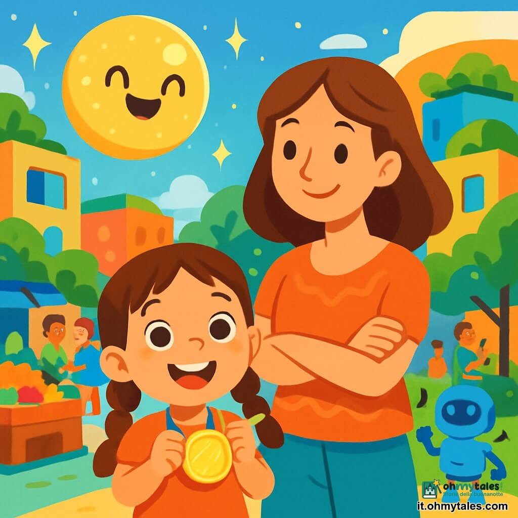Una bambina di 4 anni, con lunghe trecce castane e occhi scintillanti di curiosità, sorride felicemente tenendo una medaglia brillante a forma di cerchio attorno al collo. Si trova al centro della scena, circondata da colori vivaci e luci scintillanti. Accanto a lei, sua madre, una donna di circa trent'anni con capelli castani e un sorriso caloroso, guarda la figlia con orgoglio, con le braccia incrociate, indossando un abito leggero e colorato. La scena si svolge in una piazza futuristica, dove case cubiche dai colori vivaci si muovono lentamente, circondate da giardini lussureggianti sui tetti. Alberi con foglie brillanti e robot amichevoli che cantano aggiungono un'atmosfera gioiosa all'ambiente. La bambina e sua madre si trovano in mezzo a una folla felice, dove le persone si scambiano sorrisi e idee. La piazza è animata, con un mercato di frutta colorata da un lato e un grande tappeto da gioco verde dall'altro, mentre una grande sfera luminosa flottante, Luma, veglia su tutti con occhi sorridenti.