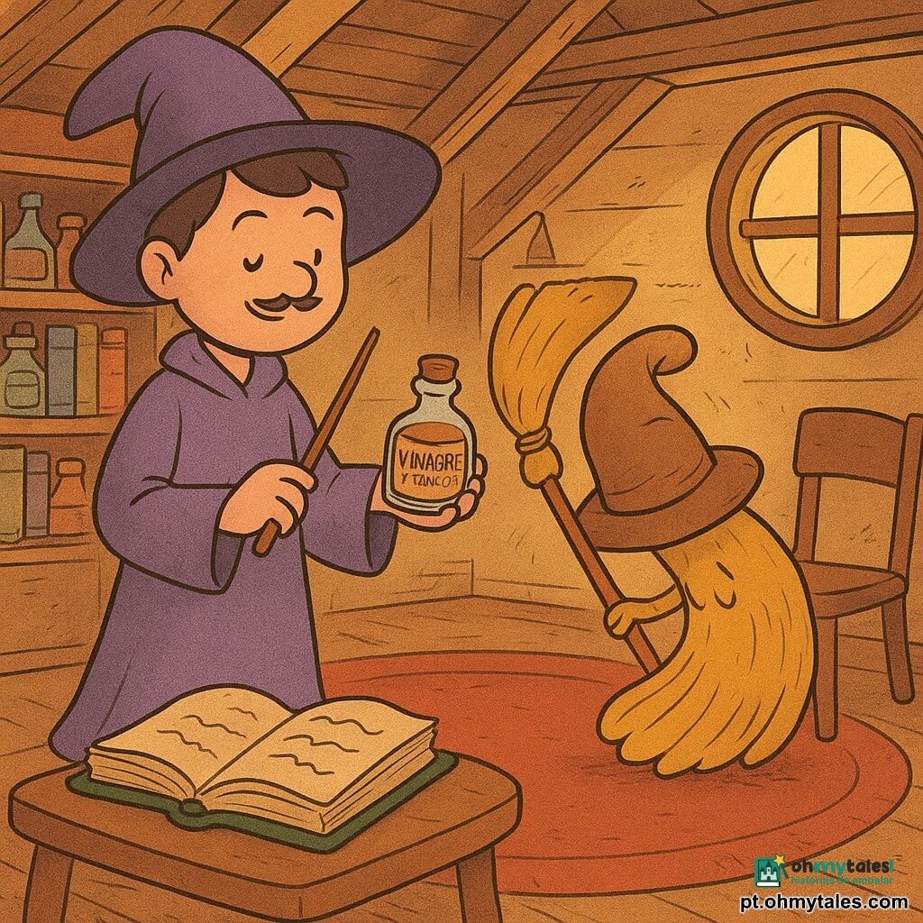 Um jovem feiticeiro chamado Tomé, rosto redondo e bigode fino, sorridente, veste uma túnica violeta pálida e um chapéu ligeiramente grande; segura uma pequena garrafa rotulada “Vinagre (talvez)” em uma mão e uma varinha de madeira na outra, parado no sótão. Uma vassoura personificada, cerdas douradas e cabo envernizado, faz uma reverência teatral sobre o tapete central; um caderno animado de capa verde com cantos gastos está aberto numa mesa baixa e escreve sozinho em tinta preta; um chapéu tímido, castanho e amassado, repousa numa cadeira tremendo levemente. O sótão é acolhedor, com vigas de madeira à vista, prateleiras cheias de frascos etiquetados, um grande tapete redondo vermelho e uma janela circular com luz suave. Cena cômica em que Tomé negocia calmamente com os objetos vivos para pôr ordem, com expressões marcantes, gestos suaves e paleta quente (ocre, violeta, vermelho) com toques de verde e azul.