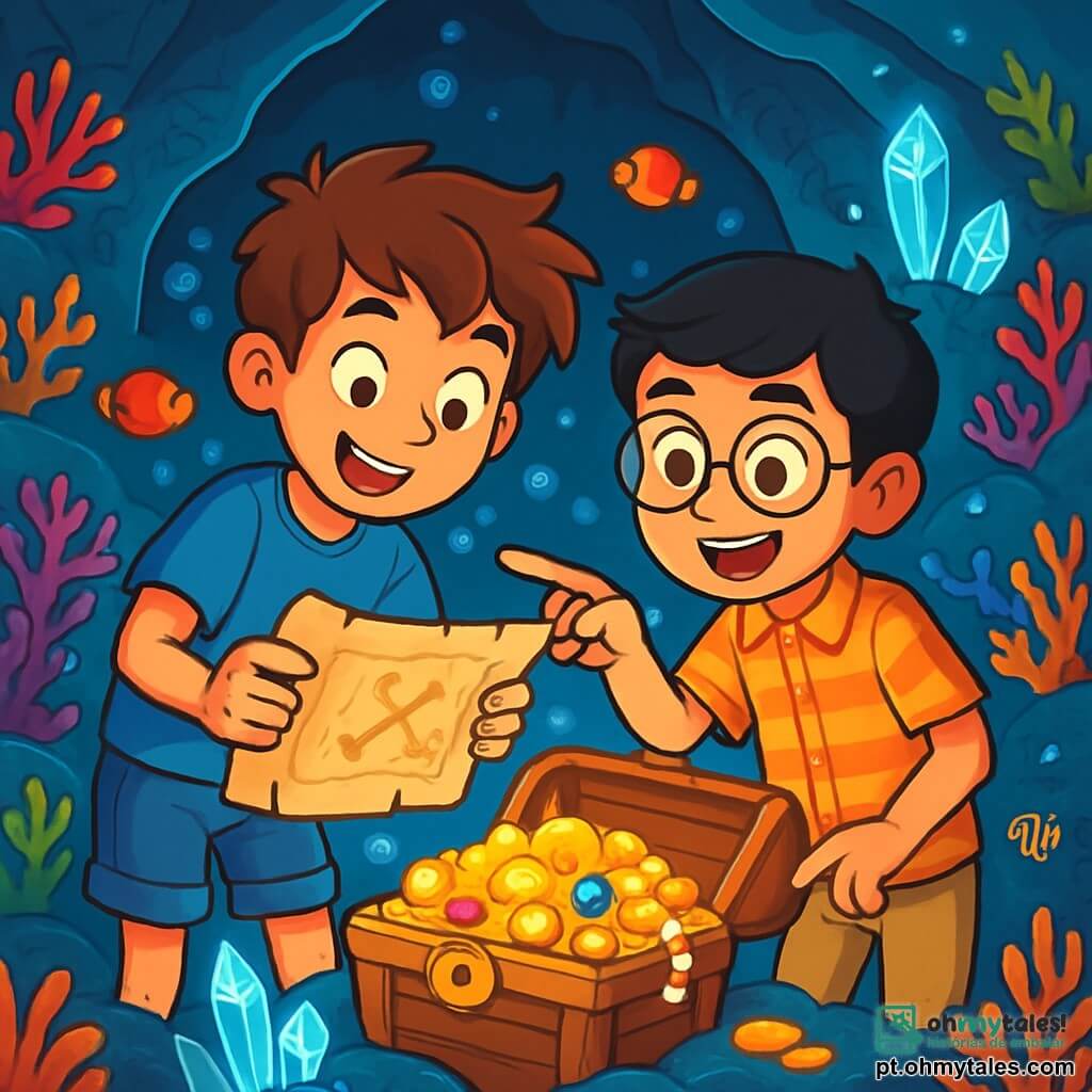 Há 2 personagens principais: - João: um garoto de 11 anos, com cabelos castanhos bagunçados e olhos brilhantes de curiosidade. Ele usa uma camiseta azul e um short de jeans. João está inclinado sobre um mapa antigo, fascinado por uma descoberta. - Miguel: um garoto de 11 anos, com óculos redondos e cabelos negros. Ele usa uma camisa listrada e uma calça bege. Miguel está ao lado de João, apontando para um símbolo misterioso no mapa. O local da situação principal é uma caverna submarina, iluminada por cristais azuis que refletem a luz por toda a sala. As paredes estão cobertas de corais coloridos e gravuras antigas, enquanto um grande baú de madeira, cheio de tesouros reluzentes, ocupa o centro da caverna. A situação principal da história mostra João e Miguel descobrindo um antigo tesouro submarino, com moedas de ouro e joias brilhantes. Eles estão maravilhados, com os rostos iluminados pela magia da descoberta, enquanto peixes coloridos nadam ao redor, adicionando à atmosfera encantada da aventura.