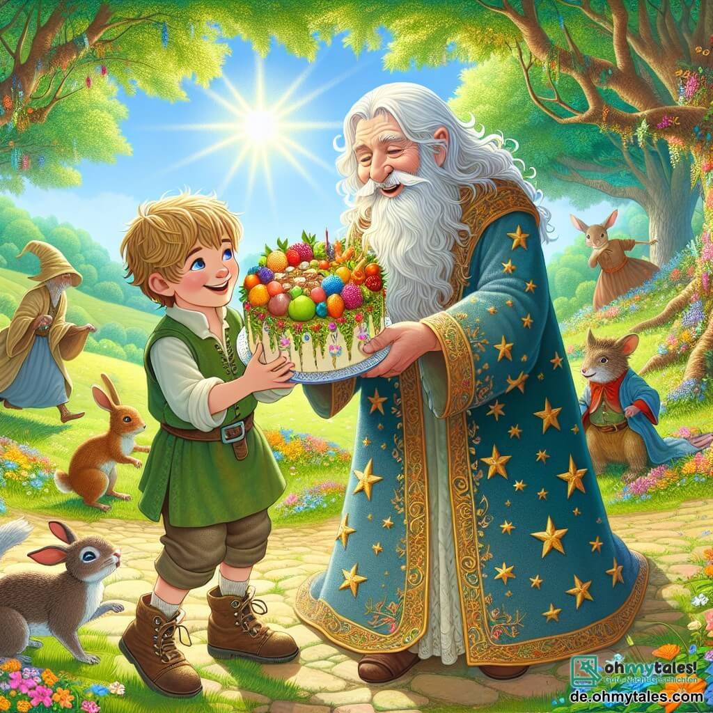 Der kleine Däumling, ein Junge mit kastanienbraunen Haaren und funkelnden Augen, steht lächelnd in der Mitte der Szene und hält einen riesigen, mit bunten Früchten dekorierten Kuchen. Er trägt ein grünes Tunika und eine Leinenshose sowie abgenutzte Lederschuhe. Neben ihm steht ein alter Zauberer mit weißem Bart und leuchtenden Augen, der in einem blauen, mit goldenen Sternen verzierten Gewand gekleidet ist, und bewundert mit einem warmen Lächeln den Kuchen. Um sie herum tanzen fröhlich Tiere des Waldes wie Hasen und Eichhörnchen, was der Szene einen Hauch von Magie verleiht. Die Kulisse ist eine wunderschöne, sonnige Lichtung, umgeben von majestätischen Bäumen mit leuchtend grünen Blättern und bunten Blumen, die den Boden bedecken und eine festliche, einladende Atmosphäre schaffen. Die Hauptsituation zeigt den kleinen Däumling und den Zauberer, die zusammen einen Moment des Glücks teilen, umgeben von ihren tierischen Freunden, bereit, gemeinsam bei einem großen Fest im verzauberten Wald zu feiern.