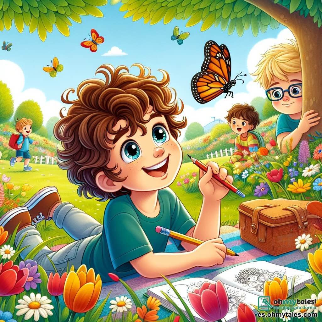 Un niño de 12 años, Lucas, con cabello castaño y rizado, y ojos llenos de curiosidad, está sentado sobre una manta colorida en un parque soleado. Sonríe entusiasmado, sosteniendo un lápiz y un cuaderno de bocetos, listo para dibujar una hermosa mariposa que vuela a su alrededor. A su lado, su amigo Tomás, un niño de 11 años con gafas y cabello rubio, observa atentamente la mariposa, con una sonrisa maravillada en el rostro. Están rodeados de flores brillantes y coloridas, como tulipanes y margaritas, que bailan suavemente con la brisa primaveral. Al fondo, un gran árbol con hojas verdes exuberantes ofrece sombra, mientras que otros niños juegan alegremente, añadiendo un ambiente festivo a la escena. La situación principal muestra a Lucas y Tomás explorando la naturaleza, cautivados por la belleza de la primavera y listos para descubrir las maravillas que los rodean.