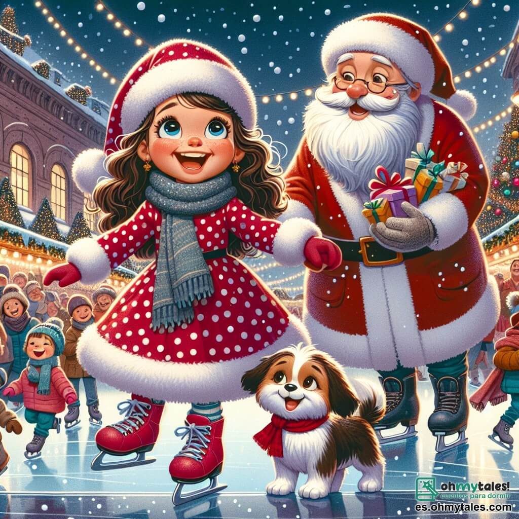 Una niña de 5 años, llamada Sofía, con largos cabellos rizados y un vestido rojo con lunares blancos, sonríe con asombro, con los ojos brillantes de alegría. Está al borde de una pista de patinaje, rodeada de luces centelleantes y decoraciones navideñas coloridas, sosteniendo un pequeño perro de pelaje marrón y blanco que mueve la cola con entusiasmo. Cerca, un hombre disfrazado de Papá Noël, de unos 50 años, con una larga barba blanca y una sonrisa cálida, reparte regalos a niños alegres, observando a Sofía con benevolencia. El lugar es un mercado navideño animado, lleno de puestos decorados con guirnaldas luminosas, árboles adornados con bolas brillantes y copos de nieve artificial que caen suavemente. Familias pasean, sosteniendo vasos de chocolate caliente y golosinas. La escena principal muestra a Sofía, maravillada por la magia de la Navidad, patinando torpemente sobre el hielo, riendo con el pequeño perro a su lado, mientras niños a su alrededor se divierten y deslizan alegremente.