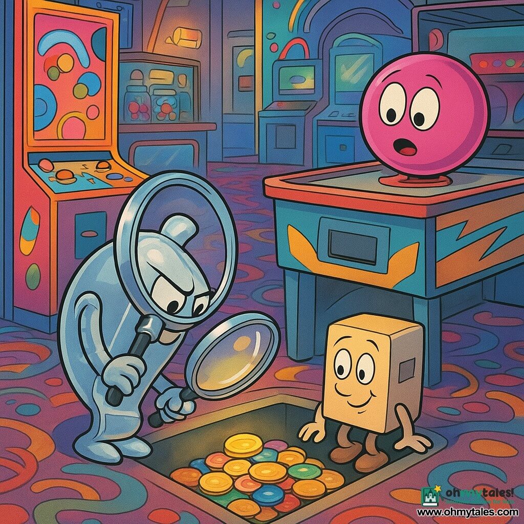 A shiny silver whistle with a mischievous, focused expression holds a magnifying glass and leans toward a hatch where colorful tokens gleam; Sprocket, a small cubic ticket dispenser on wheels, looks sheepish and crouches by stacked tokens; Glitzy, a round neon-pink game button, perches on a pinball machine looking surprised; Flicker, an anthropomorphic coin slot, stands at a game cabinet observing; in a warm, colorful arcade with patterned carpet and neon, the characters discover a secret passage under the central air-hockey table as golden and colored tokens spill from a dark chute bathed in soft yellow light.
