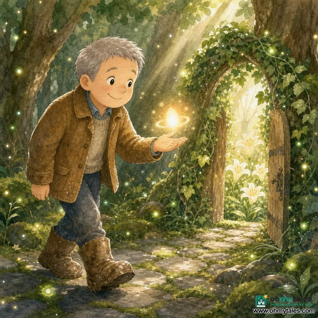 Tom, smiling and gentle with short grey hair, wearing a brown wool jacket and muddy leather boots, walks slowly and reaches toward a small floating light like a tiny fairy wand—an ovoid yellow‑orange glow with sparks and soft rings above his palm; tiny yellow‑green fireflies blink on leaves and in the air; underfoot an irregular grey stone path with green moss and warm golden spots between stones; background of tall textured brown trunks and deep green canopy with pale shafts of light and an open ivy-covered door leading to a garden of glowing white lilies; close-up centered on Tom and the light, childlike rounded shapes, delicate outlines, soft greens, warm browns, golden yellows and white highlights, magical reassuring mood.