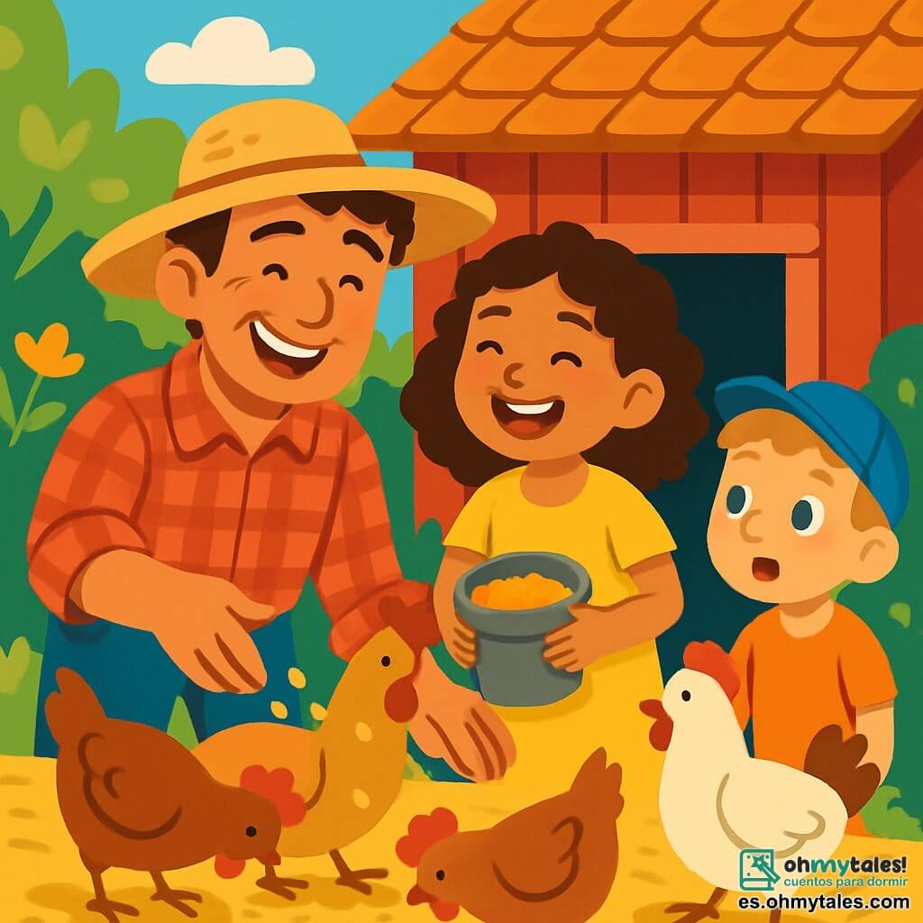 Un hombre sonriente, con el rostro bronceado por el sol, lleva un sombrero de paja y una camisa a cuadros rojos y blancos. Está alimentando a las gallinas, con una expresión alegre y bondadosa en su rostro. A su lado, una niña de unos 8 años, con cabello rizado y un vestido amarillo, ríe mientras sostiene un balde de granos, lista para dárselos a los pájaros. Un niño de 7 años, con cabello rubio y una gorra azul, observa con asombro a las gallinas picoteando el suelo, con los ojos brillantes de curiosidad. La escena tiene lugar en un encantador gallinero de madera, con paredes pintadas de rojo y un techo de tejas, rodeado de vegetación exuberante y flores coloridas. El suelo está cubierto de paja dorada, y el canto de los pájaros resuena en el aire. La situación principal muestra al hombre y a los niños interactuando alegremente con las gallinas, creando una atmósfera de felicidad y descubrimiento en la granja.