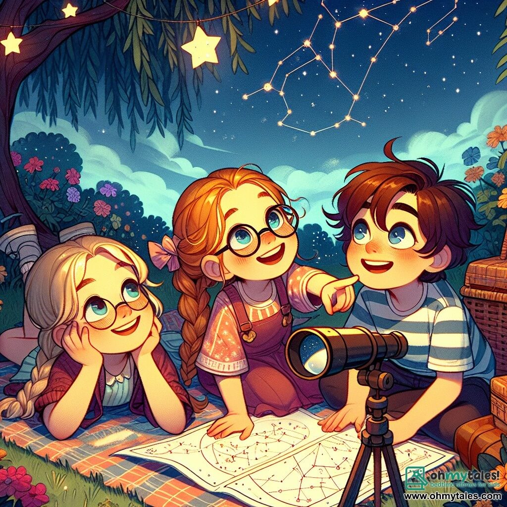 A 10-year-old girl with long brown hair and round glasses lies on a picnic blanket, her eyes sparkling with excitement as she points at a starry sky. Next to her, a 9-year-old girl with braided blonde hair smiles joyfully while holding a constellation map, ready to explore. A 10-year-old boy with messy brown hair and a striped t-shirt looks through a telescope, his eyes wide with fascination. The scene takes place in a lush garden, illuminated by the soft glow of a star-shaped lamp, surrounded by colorful flowers and majestic trees. The sky is dotted with twinkling stars, and a gentle breeze makes the leaves dance, creating a magical and peaceful atmosphere. The three friends, gathered for a night of adventure, embark on a bold exploration of the stars, overcoming their fear of the dark by discovering the beauty of the night sky while sharing laughter and stories.
