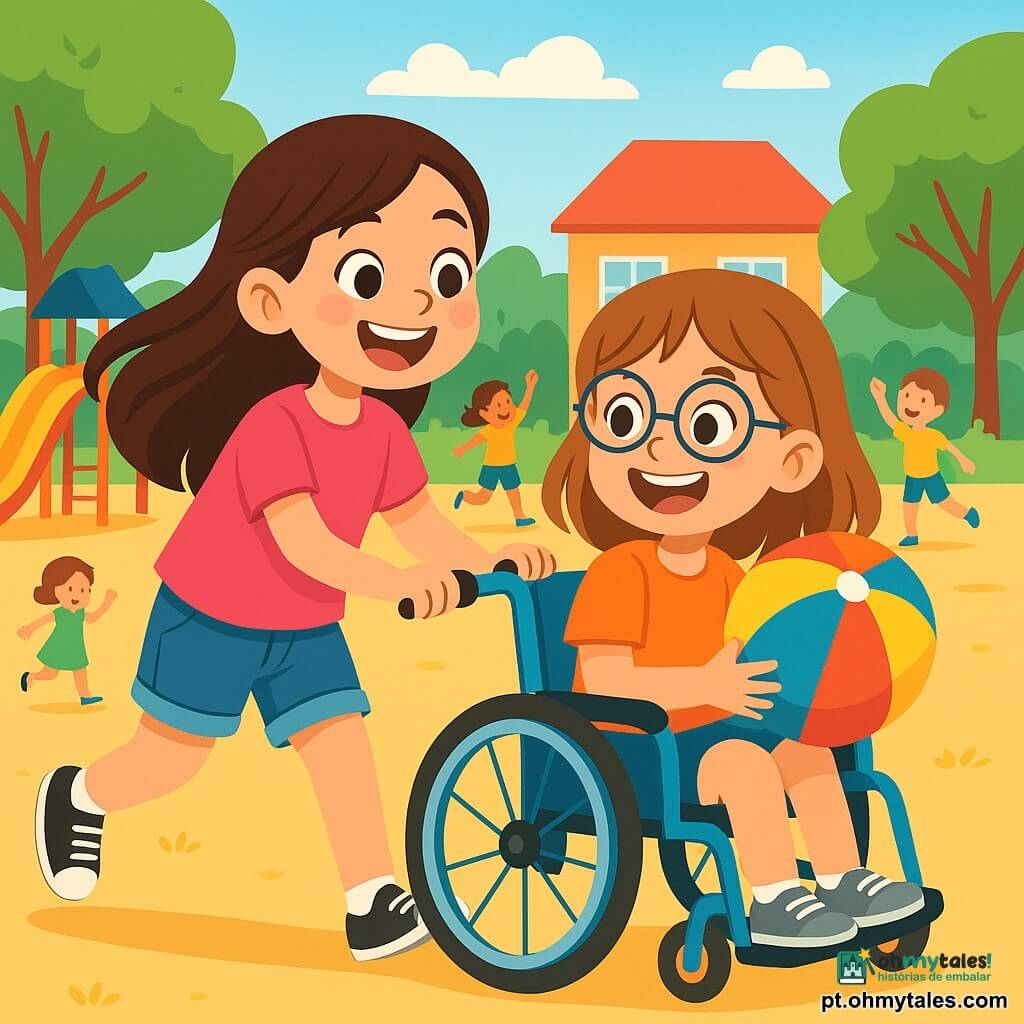 Uma menina de 8 anos, Sara, com longos cabelos castanhos e olhos brilhantes de alegria, sorri amplamente enquanto empurra uma cadeira de rodas azul. Ela usa uma camiseta rosa e um short de jeans, e seu rosto expressa grande excitação. Ao lado dela, Ana, uma menina de 8 anos com cabelos castanhos e óculos redondos, sorri entusiasticamente, seus olhos brilhando de felicidade. Ela está sentada em sua cadeira de rodas, segurando um balão colorido. A cena ocorre em um pátio escolar ensolarado, cercado por árvores verdes e brinquedos coloridos. Crianças brincam ao redor, criando uma atmosfera alegre e animada. Sara e Ana participam de uma corrida de balões, avançando juntas, rindo e se incentivando. O balão vibrante de cores voa atrás delas, simbolizando sua amizade e espírito de equipe.