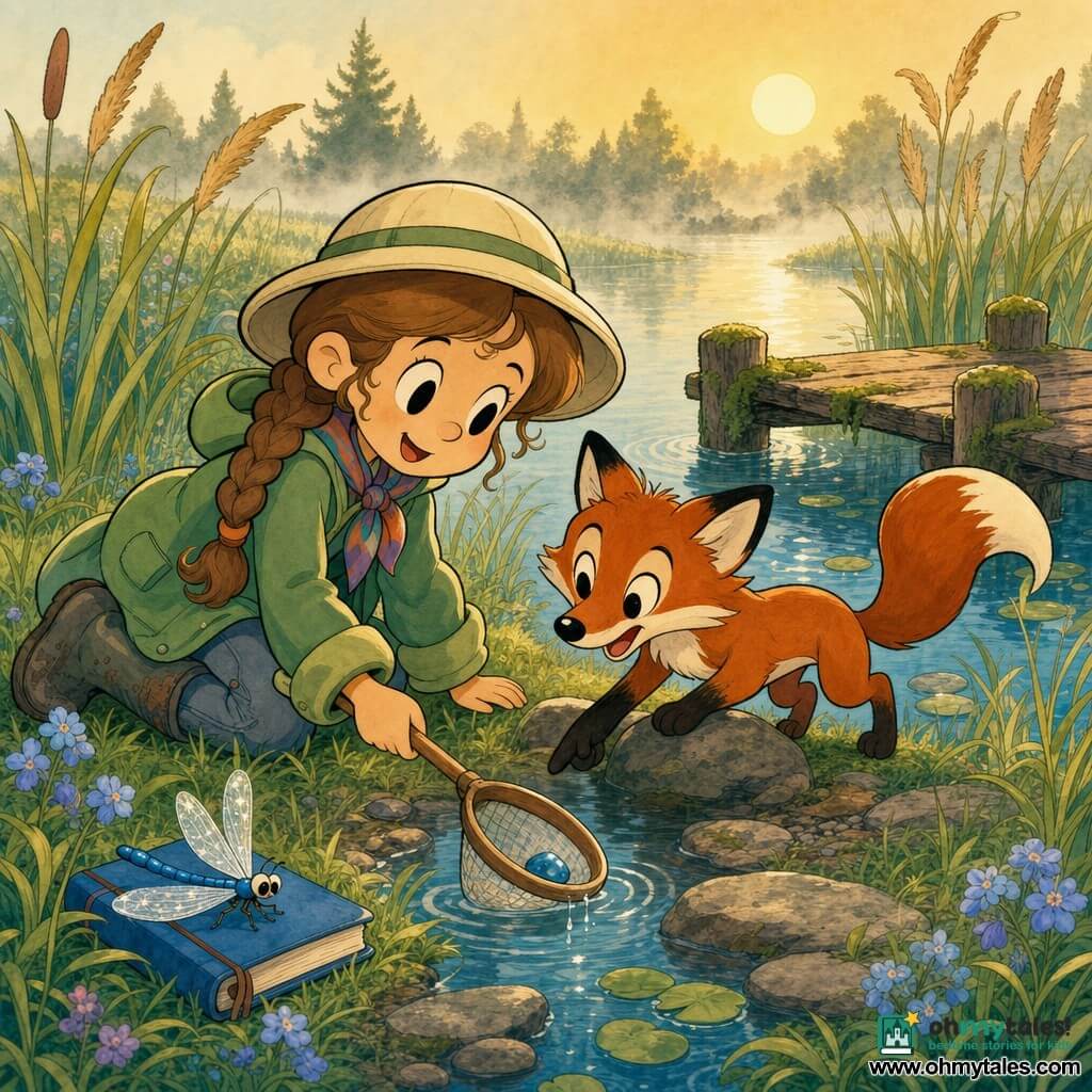 Young girl explorer (about 10) kneeling at the edge of a misty morning lake, smiling and focused, brown hair in a braid, light round hat, colorful scarf, green rain jacket, muddy boots—she reaches a small wooden dip net into clear icy water to retrieve a little blue pebble; a curious juvenile red fox stands beside her with its muzzle on a rock, playful stance indicating the pebble; a bright blue dragonfly rests on her blue notebook on the ground, translucent wings sparkling in the sun; setting: wet meadow with tall green grasses dotted with blue flowers, golden reeds along a shimmering round lake, a mossy wooden jetty and a few flat stones at the shore; soft golden light through the mist, pastel-contrasted colors, rounded features and very readable expressions.