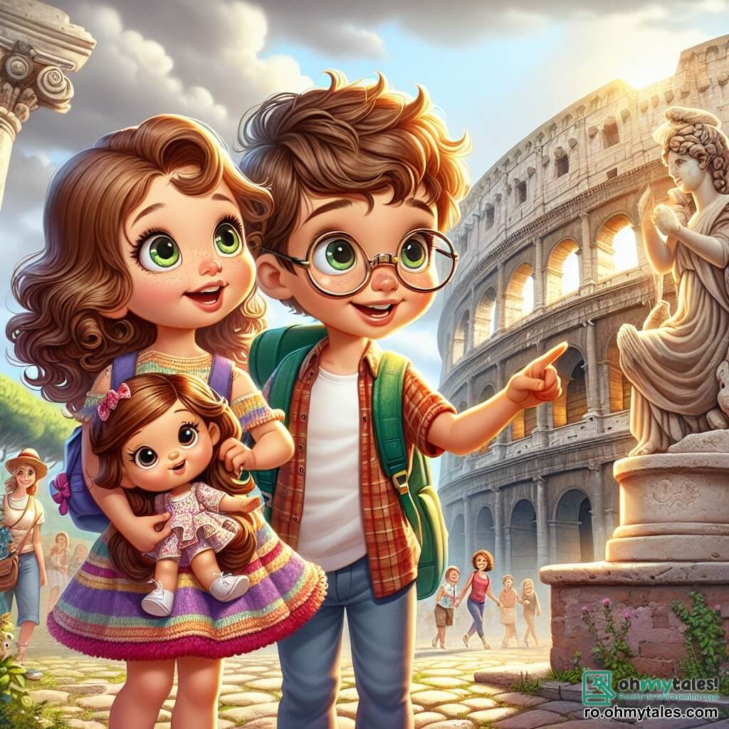 O fetiță de 8 ani, Andreea, cu părul brun și creț, având ochii mari strălucind de curiozitate, stă în fața majestuosului Colosseum din Roma. Ea poartă o rochie colorată și un rucsac mic, zâmbind cu uimire, ținându-și păpușa Peppy în brațe. Lângă ea, cel mai bun prieten al său, Mihai, un băiat de 8 ani cu părul blond și ochelari, privește cu entuziasm monumentul, arătând cu degetul spre o sculptură veche. În fundal, cerul este noros, dar razele de soare străbat norii, iluminând scena. Colosseumul, cu arcadele sale impunătoare și pietrele vechi de secole, se ridică mândru, înconjurat de turiști și vânzători de suveniruri. Situatia principală arată pe Andreea și Mihai, uimiți de arhitectura istorică, pregătiți să intre în Colosseum pentru a descoperi secretele Antichității.