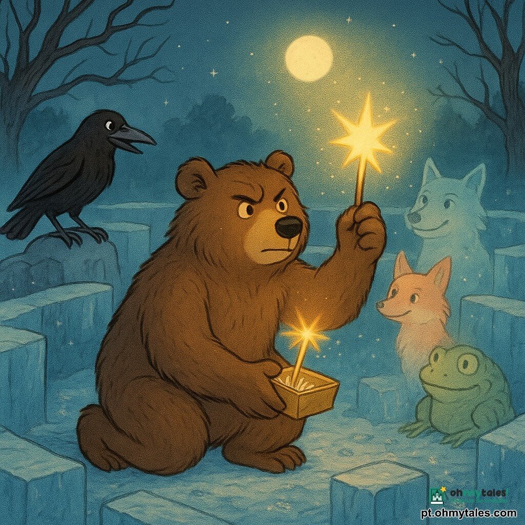 Baltazar, um grande urso-pedestre de pelagem espessa e olhar determinado, está ajoelhado no centro de um labirinto de paredes de gelo segurando delicadamente uma pequena caixa dourada de onde saem bastõezinhos luminosos; ele acende um bastão que lança uma centelha dourada em forma de estrela rumo ao céu, iluminando e fazendo derreter levemente o gelo ao redor numa clareira noturna com árvores tortas, neblina prateada, chão de neve e cristais sob uma lua cheia pálida; à esquerda, o corvo Zico observa orgulhoso empoleirado num rochedo, e atrás de Baltazar formam um círculo translúcido e amigável uma raposa de cauda flamejante, um lobo de olhos amarelos e um grande sapo verde, todos com rostos sorridentes banhados pela luz dourada, contraste de frio azul e calor dourado numa cena mágica e levemente assustadora.