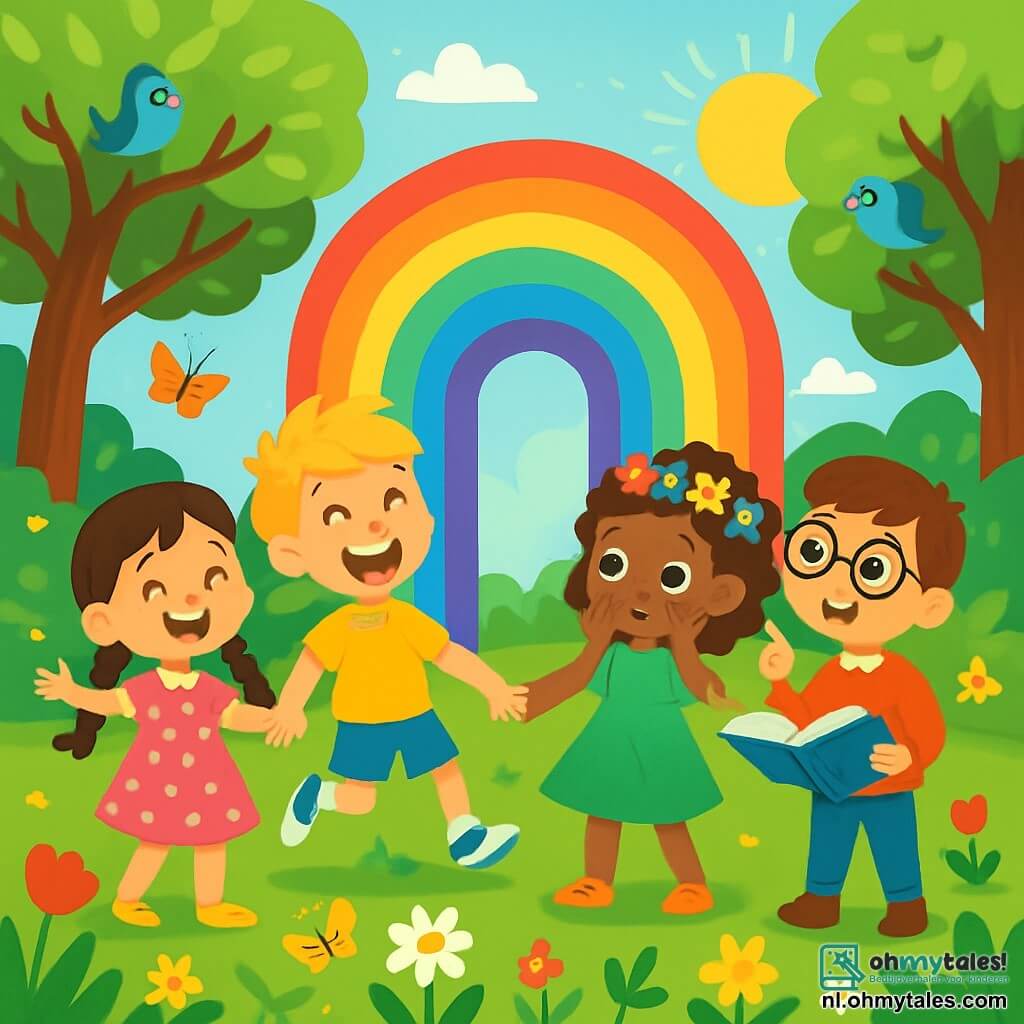 Er zijn 4 kinderen: - Lisa: een 8-jarig meisje met lange bruine vlechten, gekleed in een roze jurk met witte stippen. Ze glimlacht vrolijk met open armen, alsof ze de wereld verwelkomt. - Bram: een 7-jarige jongen met rommelig blond haar, gekleed in een gele t-shirt en een blauwe korte broek. Hij springt van blijdschap met glinsterende ogen. - Noor: een 6-jarig meisje met krullend haar en een bloemenkrans, gekleed in een groene jurk. Ze kijkt om zich heen met verwondering, met haar handen op haar wangen. - Sam: een 7-jarige jongen met ronde bril en kastanjebruin haar, gekleed in een rode trui. Hij houdt een open boek vast, nieuwsgierig, en wijst naar een vraag in de lucht. De kinderen staan hand in hand in een blije cirkel in een prachtige zonnige tuin. De plek is een grote groene tuin, vol kleurrijke bloemen, grote bomen met glinsterende bladeren en een grote regenboogpoort die onder de zon straalt. Vogels zingen in de takken en vlinders vliegen om hen heen, wat een vleugje magie aan de sfeer toevoegt. De hoofdscène toont de kinderen die een grote regenboogpoort ontdekken, gefascineerd door de levendige kleuren. Ze kijken elkaar aan met verwonderde ogen, klaar om een magische wereld binnen te treden en een onvergetelijk avontuur te beleven.