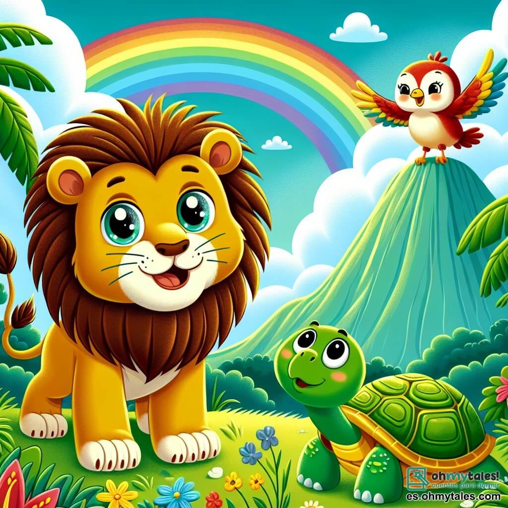 Un león llamado Leo, con una melena dorada y ojos brillantes de curiosidad, se encuentra en la cima de una montaña, sonriendo con entusiasmo. A su lado, una tortuga llamada Tula, con un caparazón verde y ojos dulces, mira al león con admiración, mientras un pequeño pájaro colorido llamado Pipo, con plumas rojas y amarillas, vuela a su alrededor cantando alegremente. El paisaje es una hermosa jungla exuberante, con árboles gigantes, flores brillantes y un cielo azul salpicado de nubes blancas. A lo lejos, un brillante arcoíris se extiende por el cielo, añadiendo un toque mágico a la escena. Leo, Tula y Pipo están juntos, celebrando su victoria de haber alcanzado la cima, listos para admirar el hermoso arcoíris que los inspira a continuar sus aventuras.