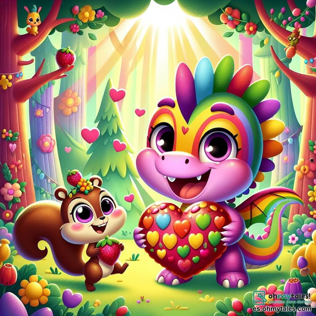 Un pequeño dragón llamado Dimi, con escamas brillantes de todos los colores del arcoíris, sonríe alegremente mientras sostiene un gran corazón hecho de frutas coloridas. Sus ojos brillan de emoción mientras se encuentra en el centro de la escena, listo para compartir su regalo. A su lado, una pequeña ardilla llamada Lila, con pelaje marrón y una cola esponjosa, salta de alegría, sus ojos brillantes de felicidad. Ella sostiene una fresa en sus patas y mira a Dimi con admiración. El escenario se sitúa en el Bosque Colorido, un lugar mágico con árboles altos y frondosos, adornados con flores brillantes y rayos de sol que filtran a través de las ramas, creando una atmósfera cálida y festiva. La situación principal muestra a Dimi y Lila, rodeados de sus amigos animales, celebrando el Día de San Valentín, compartiendo risas y alegría mientras ofrecen el corazón de frutas a todos los que los rodean, simbolizando la amistad y el amor.