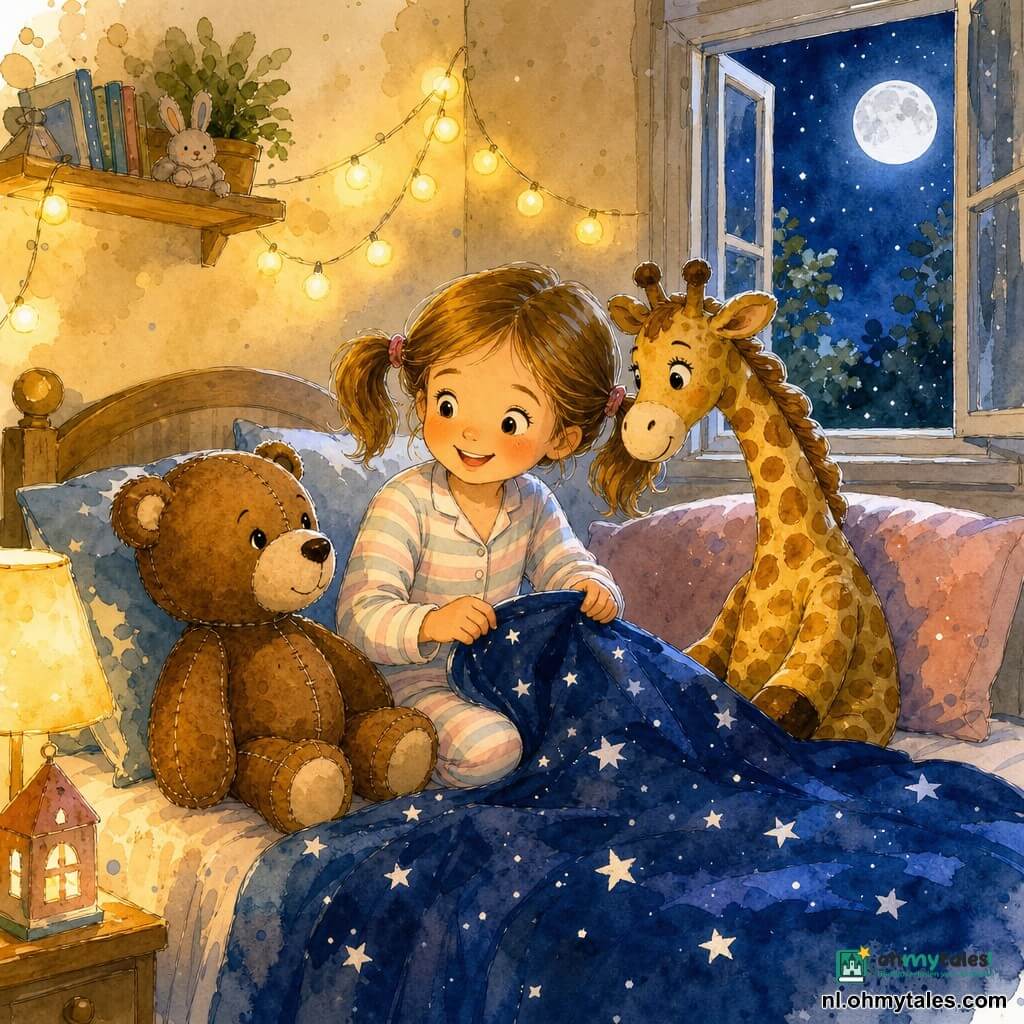 Een 6-jarig meisje met lichtbruin haar in staartjes, een rond glimlachend gezicht en fonkelende ogen zit op haar bed in pastelgestreepte pyjama en stopt haar knuffels op met een vrolijke dromerige uitdrukking; naast haar ligt een middelgrote bruine knuffelbeer Boris met zichtbare naden, trouw en zacht, die haar aanziet alsof hij een verhaal hoort; een hoge slanke girafknuffel met licht gebogen nek en gele vlekken staat tegen het kussen bij het hoofdeinde en kijkt ondeugend; de kleine warme kamer heeft crèmekleurige muren met gele lichtslingers, een donkerblauwe deken met witte sterren op het bed en een open raam dat zilveren maanlicht binnenlaat; de scène toont haar die een mini-slaapfeestje organiseert, ze zet de knuffels op een rij, legt een klein sterrendekentje over Boris en fluistert een verhaaltje, tedere, rustige en licht magische sfeer.