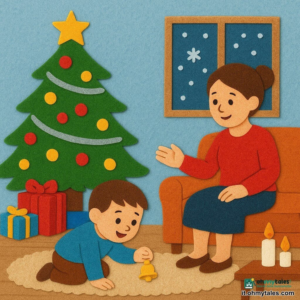 Un bambino di 2 anni, gioioso e stupito, capelli castani corti, guance rotonde e occhi vivaci, accovacciato a guardare sotto l'albero con un piccolo campanellino d'oro in mano; una donna (sua madre, circa 30 anni), sorridente e dolce, capelli castani raccolti in uno chignon, seduta sul divano dietro di lui con la mano tesa in segno di incoraggiamento; un grande albero di Natale verde con palline rosse e dorate, ghirlande argentate e una stella in cima, regali colorati e una scatola rossa con un grande fiocco ai piedi; salotto caldo con pavimento in legno chiaro, tappeto morbido e due candele accese sul tavolino, fiocchi di neve che cadono davanti a una finestra ghiacciata; scena semplice e tattile con forme nette in feltro, colori caldi e contrastati, texture visibili, contorni morbidi ed elementi facili da ritagliare per un pannello sensoriale.