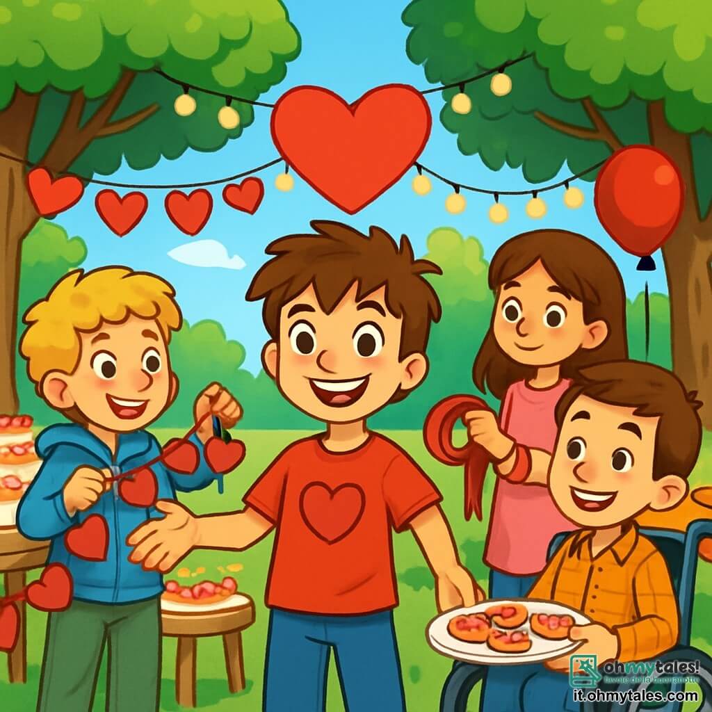 Ci sono 4 bambini: Marco, un ragazzo di 10 anni con capelli castani disordinati e occhi vivaci, indossa una maglietta rossa con un cuore disegnato e sorride entusiasta al centro; Luca, un ragazzo di 10 anni con capelli ricci e biondi, indossa una felpa blu e si trova a sinistra di Marco, pronto ad appendere ghirlande di cuori di carta; Davide, un ragazzo di 10 anni con capelli corti e castani, usa una sedia a rotelle, indossa una camicia a quadri e si trova a destra di Marco, sorridendo mentre tiene un piatto di biscotti decorati; Sofia, una ragazza di 10 anni con lunghi capelli castani e occhi curiosi, indossa un vestito rosa e si trova dietro Marco, pronta ad aiutare con le decorazioni. La scena si svolge in un parco all'aperto, con alberi alti e foglie verdi. Ghirlande di cuori di carta e luci scintillanti decorano i rami, mentre uno striscione a forma di cuore è appeso tra due alberi. I tavoli sono coperti di dolci e biscotti colorati, e palloncini rossi fluttuano nell'aria. I quattro amici stanno preparando una festa di San Valentino, circondati da decorazioni colorate e sorrisi, pronti ad accogliere gli abitanti del villaggio per celebrare amicizia e amore.
