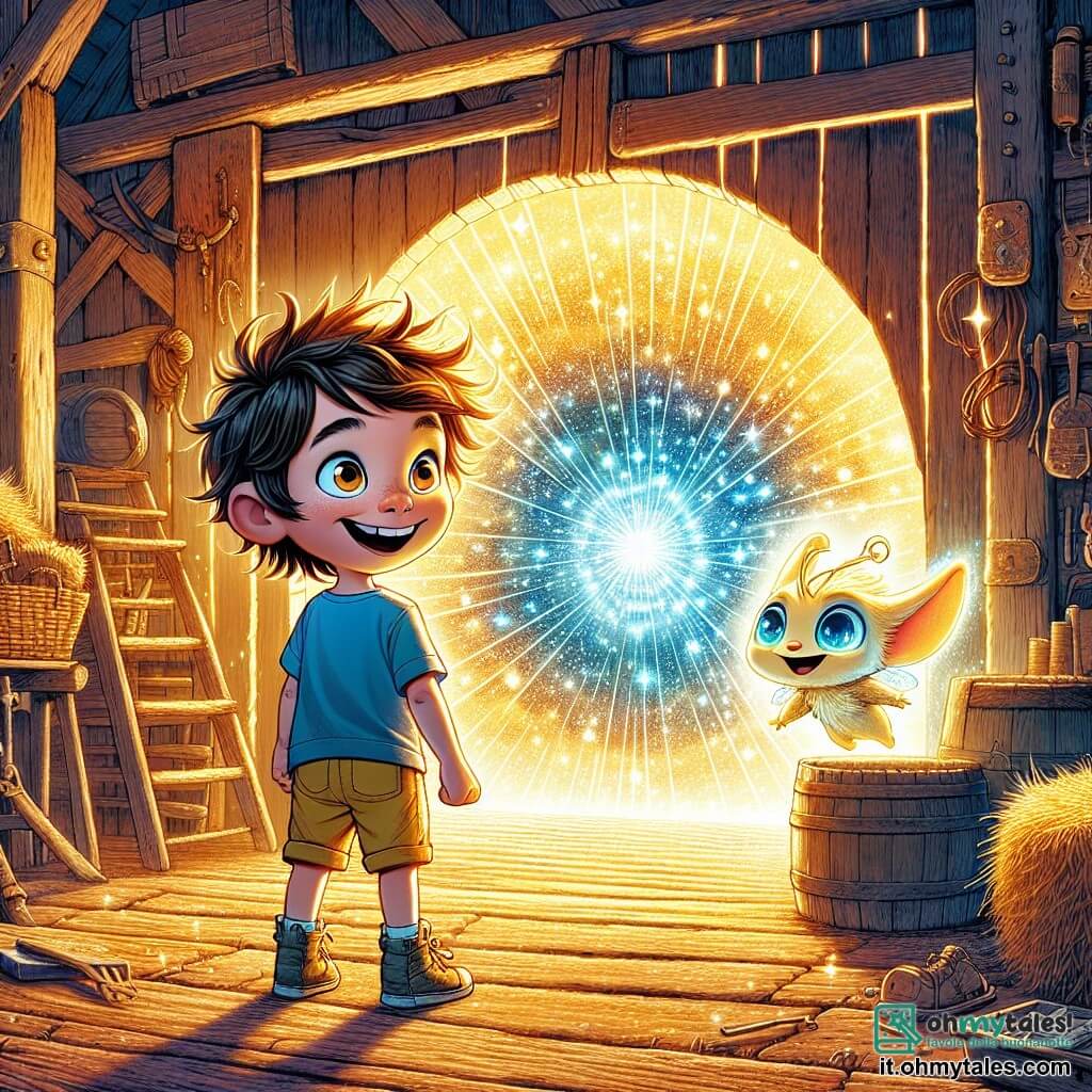 Un ragazzo di 6 anni, di nome Luca, con capelli castani disordinati e occhi pieni di curiosità, si trova davanti a un magnifico portale in legno scintillante. Indossa una maglietta blu e pantaloni corti gialli, e il suo viso irradia eccitazione e meraviglia mentre si prepara a entrare in un mondo magico. Accanto a lui, una piccola creatura scintillante di nome Stella, simile a una stella con ali traslucide, vola gioiosamente attorno a lui. È piccola, con occhi brillanti e un sorriso caloroso, e sembra incoraggiare Luca a varcare la soglia del portale. Il luogo è un vecchio fienile in legno, pieno di balle di fieno e attrezzi antichi, con raggi di luce dorata che filtrano attraverso le fessure delle pareti, illuminando il portale magico che brilla di mille luci. La scena principale mostra Luca, pieno di energia, pronto a fare un grande passo verso l'ignoto, mentre Stella danza attorno a lui, creando un'atmosfera di avventura e magia.