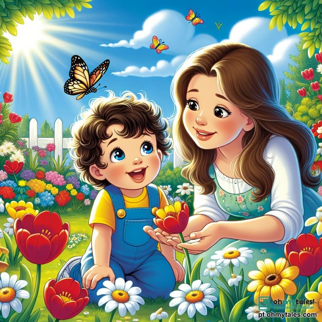 Um menino de 2 anos, com cabelos cacheados e olhos brilhantes, está sentado em um jardim ensolarado. Ele usa um macacão azul e uma camiseta amarela, sorrindo com admiração ao olhar para uma linda flor colorida. Ao seu lado, sua mãe, uma mulher de cerca de 30 anos, com longos cabelos castanhos e um sorriso caloroso, está agachada. Ela veste um vestido leve e observa o filho com ternura, mostrando-lhe uma bela borboleta que voa ao redor deles. O jardim está repleto de flores vibrantes: tulipas vermelhas, margaridas brancas e narcisos amarelos, sob um céu azul claro com algumas nuvens brancas fofas. Pássaros cantam nas árvores verdejantes, e uma brisa suave faz as folhas dançarem. A cena principal mostra o menino maravilhado com a beleza da natureza, aprendendo a descobrir as maravilhas da primavera com sua mãe ao seu lado, em um momento de alegria e cumplicidade.