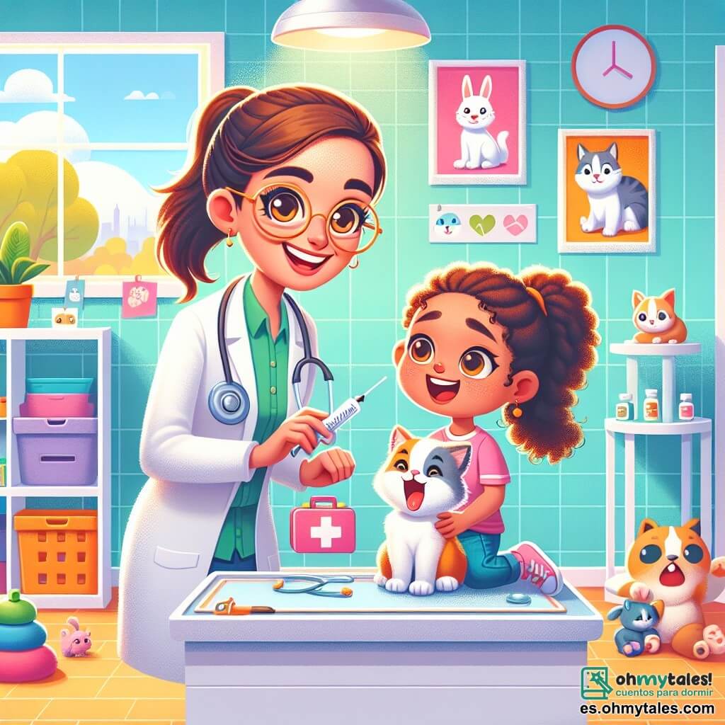 La doctora Marta es una mujer sonriente, que lleva una bata blanca y gafas redondas. Su cabello castaño está recogido en una coleta y tiene ojos brillantes de entusiasmo. Sostiene un maletín de primeros auxilios y mira con determinación a un pequeño gatito que tose, sentado frente a ella en una mesa de examen. A su lado, Sofía, una niña de 8 años con cabello rizado y una gran sonrisa, sostiene un peluche de conejo en sus brazos. Observa atentamente a la doctora, con los ojos brillantes de emoción. La escena se desarrolla en una clínica veterinaria luminosa, con paredes pintadas de verde pastel y carteles coloridos de animales. Hay juguetes para mascotas esparcidos por el suelo, y una ventana deja entrar la luz del sol, iluminando la habitación. La situación principal muestra a Marta examinando al gatito con cuidado, mientras Sofía, llena de entusiasmo, hace preguntas sobre lo que está haciendo, creando una atmósfera cálida y amigable.