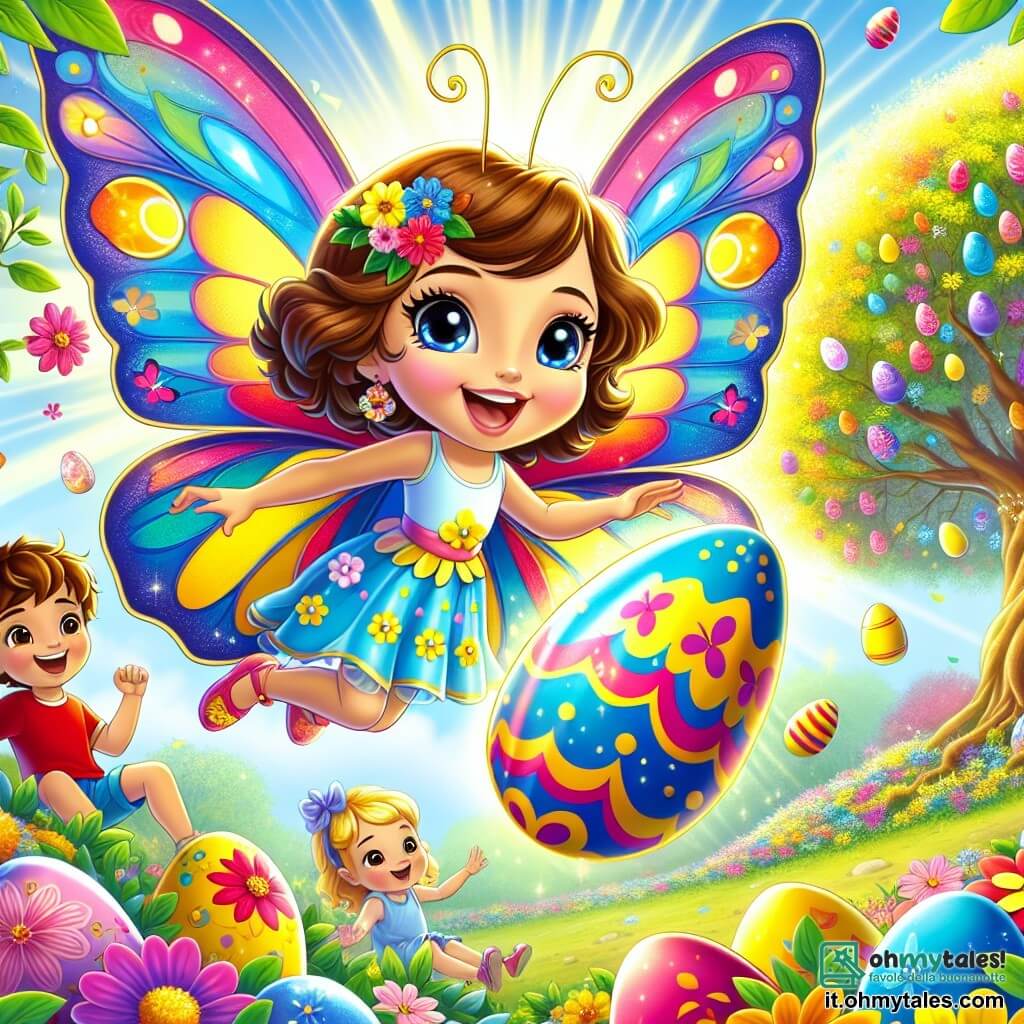 Una charmante farfalla colorata di nome Lilla, con ali brillanti nelle tonalità di blu, giallo e rosa, vola gioiosamente sopra un grande albero decorato con fiori vivaci e uova di Pasqua colorate. Sorride radiosamente, esprimendo la sua gioia per la festa. Intorno all'albero ci sono diversi bambini: Marco, un ragazzo dai capelli castani e occhi scintillanti, indossa una maglietta rossa e salta di gioia tenendo un uovo blu brillante che ha appena trovato. Sofia, una bambina con trecce dorate, sorride ampiamente mentre tiene un uovo dipinto di giallo, incantata dalla magia della caccia alle uova. Il luogo è un magnifico boschetto primaverile, pieno di fiori multicolori, raggi di sole che filtrano tra le foglie e una dolce brezza che fa danzare i petali. La scena principale mostra Lilla e i bambini intenti nella caccia alle uova di Pasqua, ridendo e divertendosi, mentre uova magiche brillano intorno a loro, creando un'atmosfera festosa e gioiosa.