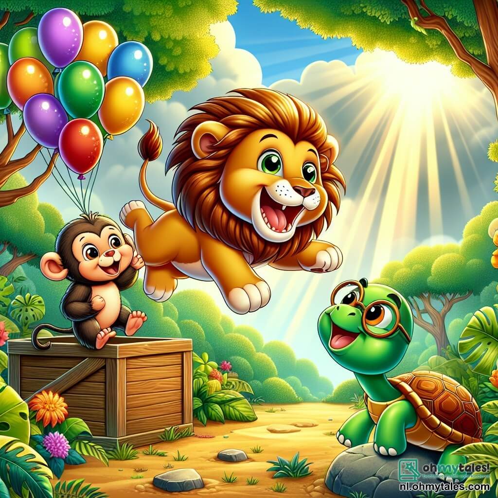 Een grote leeuw genaamd Leo, met een stralende gouden manen en een blije glimlach, springt van vreugde midden in een weelderige jungle. Naast hem klimt een ondeugende aap met een bruin vacht en sprankelende ogen op een tak, lachend met Leo. Niet ver van hen kijkt een wijze schildpad met een groene, glanzende schild en ronde bril met een welwillende glimlach naar de scène, zittend op een steen. De jungle is vol groene bladeren, kleurrijke bloemen en zonnestralen die door de bomen schijnen, wat een vrolijke en levendige sfeer creëert. Leo en zijn vrienden ontdekken een grote houten doos begraven in de grond, gevuld met kleurrijke ballonnen die om hen heen zweven, wat een vleugje magie aan hun avontuurlijke dag toevoegt.