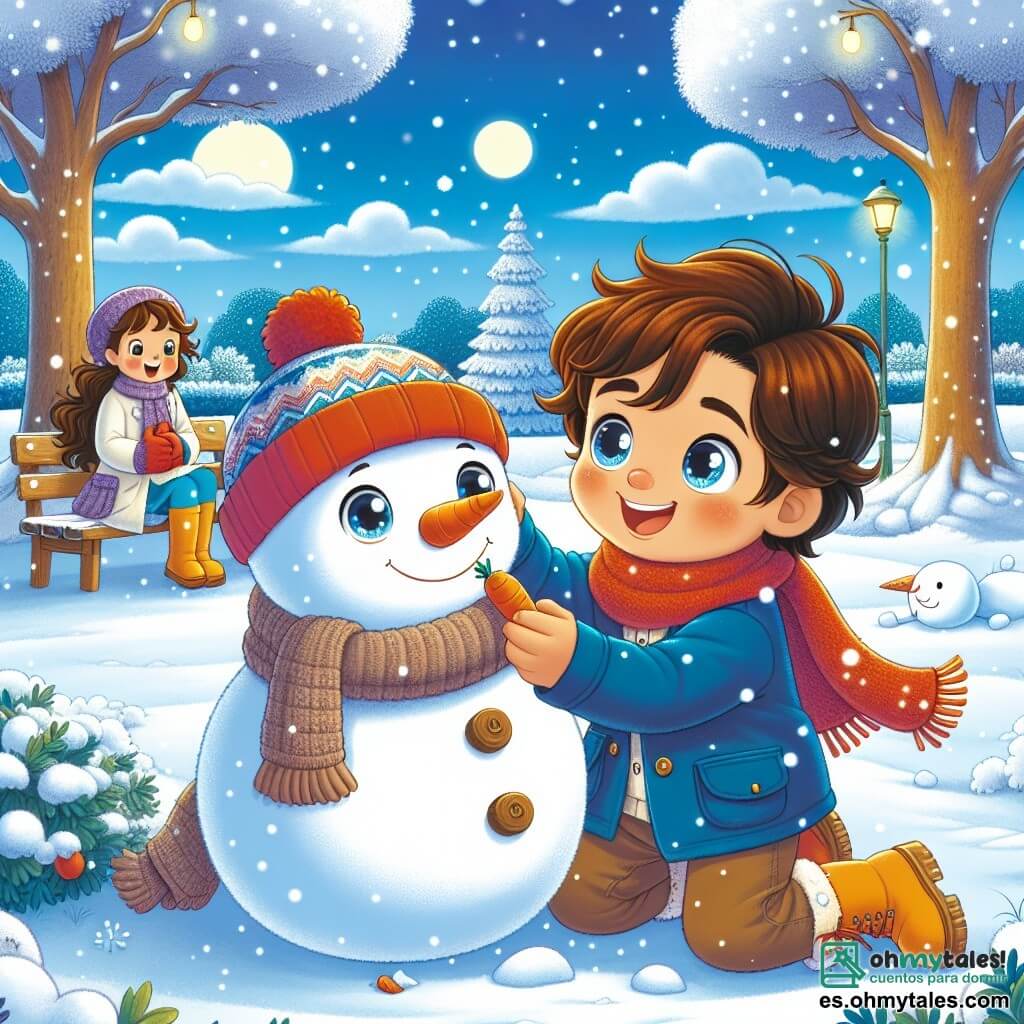 Un niño de 3 años, Lucas, con cabello castaño desordenado y mejillas rosadas, sonríe alegremente mientras construye un gran muñeco de nieve en un parque. Lleva una chaqueta azul, un gorro rojo y botas amarillas, y sus ojos brillan de emoción. Su mamá, una mujer de unos 30 años con cabello largo castaño y una sonrisa dulce, lo observa desde un banco de madera, vestida con un abrigo cálido y una bufanda colorida, animándolo con ternura. El lugar es un parque invernal mágico, donde la nieve cubre el suelo como una suave alfombra blanca, los árboles están adornados con nieve brillante, y el cielo es de un azul intenso, salpicado de algunas nubes esponjosas. La escena principal muestra a Lucas colocando una zanahoria en la cara de su muñeco de nieve, al que ha llamado "Nievecito", mientras copos de nieve caen suavemente a su alrededor, creando una atmósfera mágica y alegre.