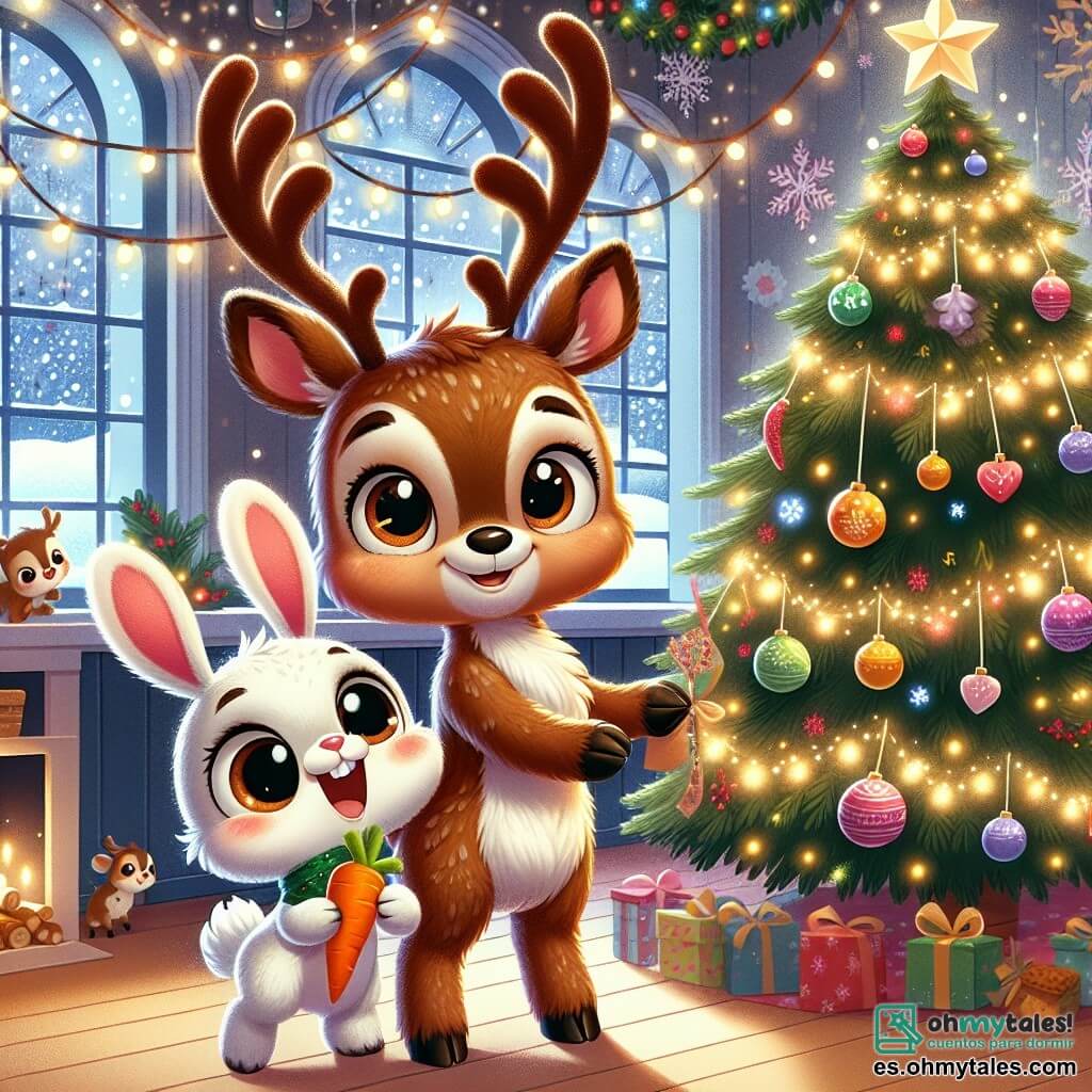 Renzo, un pequeño reno de pelaje marrón y ojos curiosos, está frente a un gran árbol de Navidad decorado con guirnaldas coloridas y luces brillantes. Sonríe ampliamente, lleno de emoción y alegría, mientras sostiene una estrella de papel en sus pequeñas patas. A su lado, Brinco, un adorable conejito de grandes orejas y pelaje blanco, salta de alegría, con ojos brillantes de entusiasmo. Sostiene una zanahoria en sus patas delanteras y parece listo para ayudar a Renzo a colocar la estrella en la cima del árbol. La escena tiene lugar en la acogedora sala de la "Escuela de Navidad", llena de decoraciones festivas, guirnaldas luminosas y copos de nieve que caen suavemente por las ventanas. La atmósfera es mágica, con risas de animales y el olor de galletas recién horneadas en el aire. La situación principal muestra a Renzo y Brinco trabajando juntos para decorar el árbol de Navidad, rodeados de sus amigos animales, todos ansiosos por celebrar la magia de la Navidad.