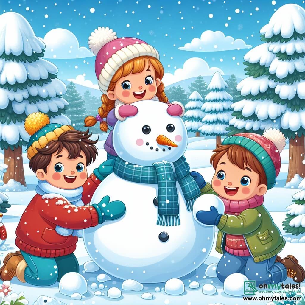 A 4-year-old boy, Sam, with messy brown hair, rosy cheeks, and a big smile, is building a snowman in a snowy park. He is wearing a bright red sweater, blue gloves, and a yellow hat that gives him a cheerful look. Next to him, Mia, a 4-year-old girl with braided blonde hair and a pink scarf, helps him roll a large snowball, her eyes shining with excitement. Jake, a 4-year-old boy with brown hair wearing a green jacket, stands a bit further away, holding a carrot for the snowman's nose, with a big smile on his face. The park is filled with tall trees covered in sparkling snow, and the ground is a stretch of white powder under a clear blue sky with falling snowflakes. The main scene shows the three friends building their snowman, laughing and having fun together, while a white owl on a branch watches them, adding a magical touch to this joyful winter scene.