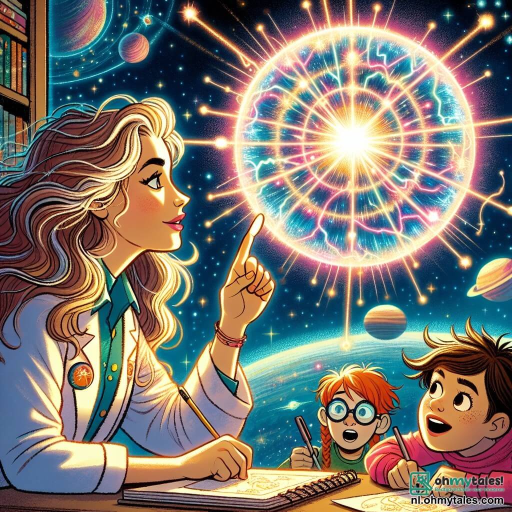 Op de voorgrond staat Dr. Stella Sterrenhart, een vrouw met lange golvende haren die glanzen als sterren, met een verwonderde glimlach op haar gezicht. Ze draagt een kleurrijk ruimtepak, versierd met patronen van sterrenstelsels, en kijkt gefascineerd naar een enorme bol van lichtenergie die pulseert met heldere kleuren. Naast haar wijst Tim, een 10-jarig jongen met ronde brillen en tousled haar, naar de bol met zijn ogen wijd open van verwondering. Iets verderop maakt Sara, een 9-jarig meisje met vlechten en een roze ruimtepak, aantekeningen in een klein notitieboekje, haar gezicht verlicht door het licht van de anomalie. De achtergrond toont een uitgestrekt ruimtegebied, vol met fonkelende sterren en kleurrijke planeten, met de contouren van hun ruimteschip, de Sterrenjager, die in de buurt zweeft. De energiebol in het midden straalt licht uit en projecteert hologrammen van sterrenstelsels en sterren, wat een magische en fascinerende sfeer creëert. De hoofdscène toont Stella en haar vrienden die een mysterieuze anomalie in de ruimte ontdekken, gefascineerd door de schoonheid en geheimen die het onthult, klaar om samen de wonderen van het universum te verkennen.