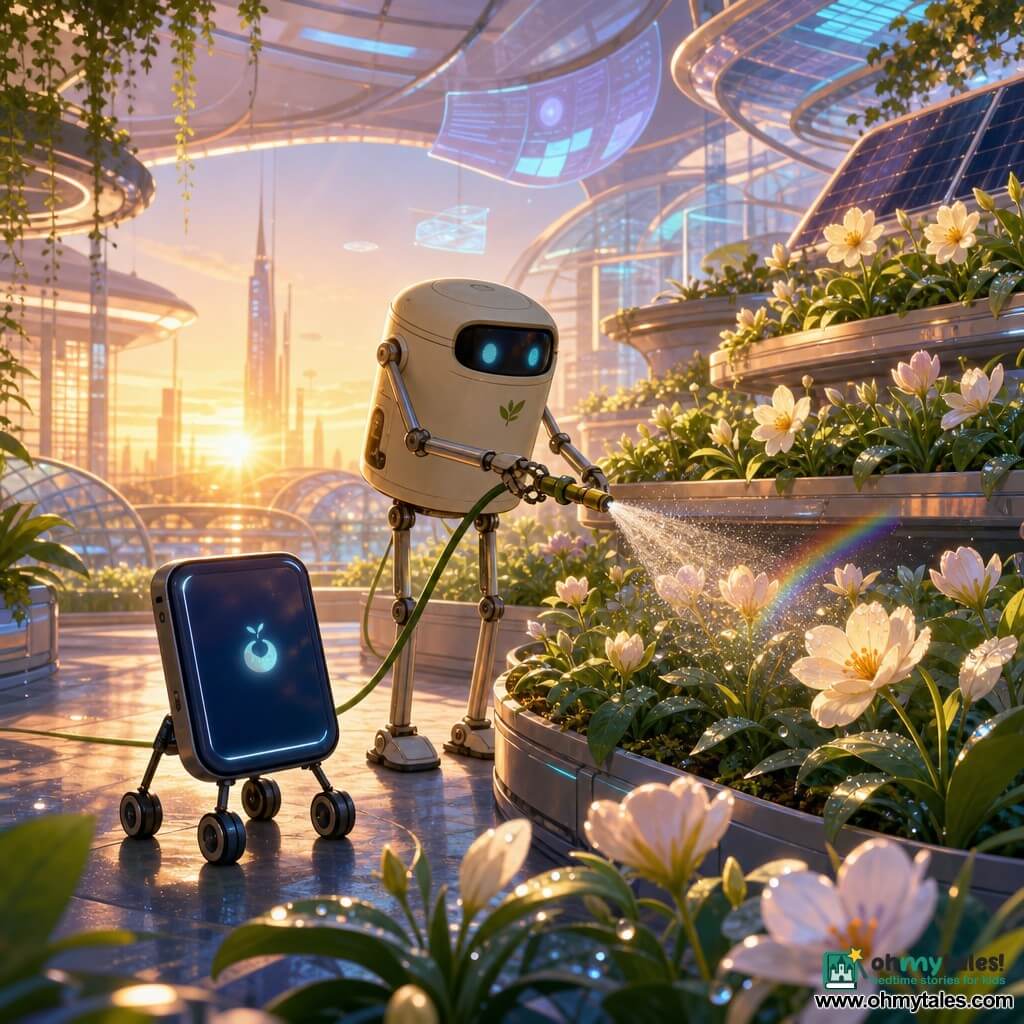 A small rolling display-guide (a glossy rectangular tablet screen mounted on four thin wheels) appears shy and curious: glossy midnight-blue with rounded corners, a slightly dim screen and a small glowing icon, it rolls gently watching the horizon at sunrise; a secondary gardener robot (low cylindrical body, long thin legs and delicate pincer arms) is calm and attentive: matte cream metal shell and a bright green eye lens, watering terraced beds with a hose that emits a fine mist; several terraced real plant beds (narrow troughs, glossy leaves, pale flowers beaded with dew) are framed by a few solar panels and brushed-steel edges; in the background a futuristic city under the roofs shows broad glass halls and luminous ribs, flexible ceiling screens, discreet floating holograms and glass towers gilded by the rising sun; the first morning light touches opening flowers, the water mist creates tiny rainbows, and a serene, warm atmosphere emphasizes the cooperation between the guide and the gardener; style: vivid contrasting colors, crisp outlines, smooth textures, composition centered on the two characters and the illuminated row of flowers.