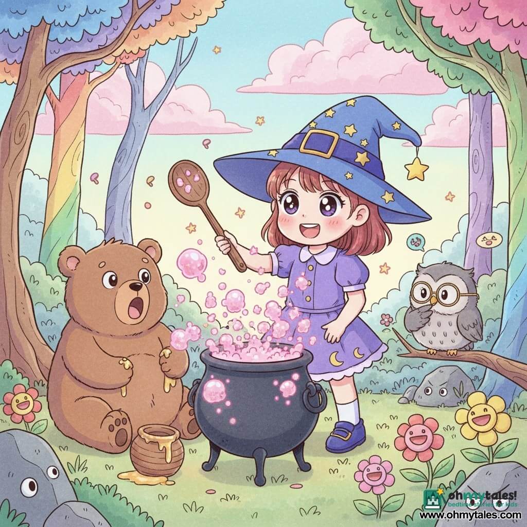 A little girl witch named Willa, about 8, with sparkling joy and big bright eyes, a blue pointed hat with yellow stars and a short purple dress with moon-shaped buttons, stirs a smoking cauldron with a large wooden spoon as pink sparks and glittering bubbles overflow; a chubby adorable brown bear named Benny sits to the left, mouth open in surprise with a spilled honey jar and golden drips on his paws; a small round owl named Ollie perches on a low branch to the right, gray feathers and round glasses, one foot to his beak as if thinking; the whimsical forest has twisted rainbow trunks, smiling flowers, bouncing rocks with mischievous eyes and fluffy pink clouds in a pastel sky; the scene is a playful "giggle mishap"—the cauldron explodes with sparks and laughing bubbles, plants begin to twist and tickle, soft lighting and crisp, manga-like outlines.