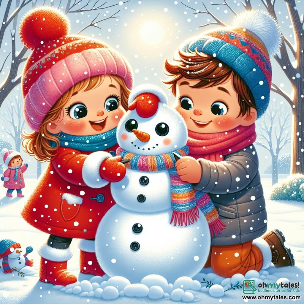 A 1-year-old girl with big sparkling eyes and rosy cheeks is wearing a bright red coat and fluffy white boots. She smiles in wonder as she looks at a large snowman she just built, with black buttons for eyes and an orange carrot for a nose. Next to her, her friend Max, a 5-year-old boy with messy brown hair and a blue hat, helps her put a colorful scarf around the snowman's neck. They are in a snowy park, where the ground is covered with a thick layer of sparkling snow under the winter sun. Snowflakes gently fall from the sky, adding to the magic of the scene. The little girl and Max laugh joyfully, sharing a moment of friendship and creativity outdoors.