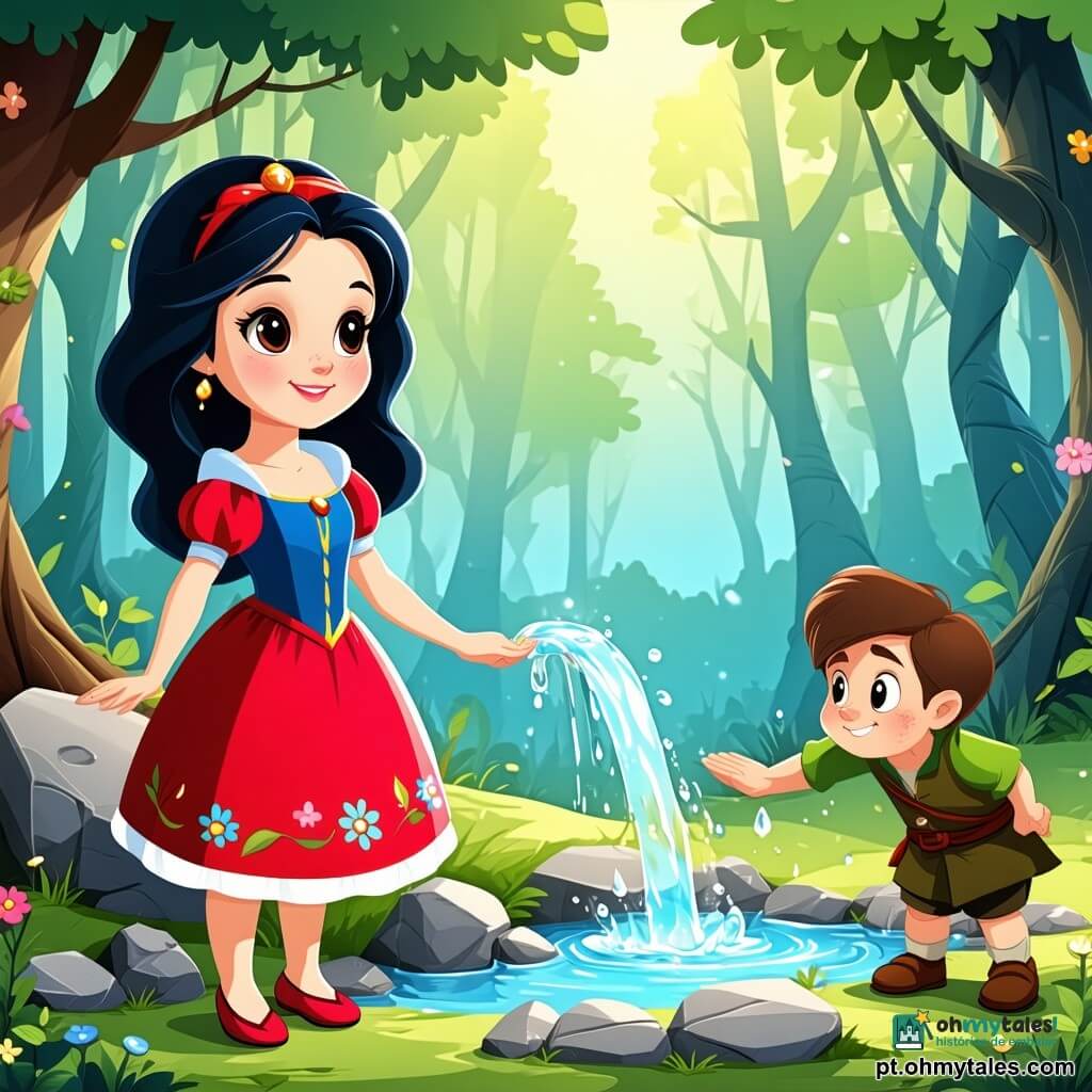 Branca de Neve, uma jovem de pele clara como a neve, com cabelos negros brilhantes e olhos cheios de curiosidade, está à beira de uma pequena fonte cintilante. Ela veste um vestido vermelho e azul, decorado com padrões florais, e seu rosto expressa uma determinação suave, misturada com deslumbramento. Ao seu lado, Soneca, um pequeno homem com cabelos castanhos bagunçados e barba desgrenhada, observa a fonte com olhos arregalados, cheio de preocupação. Ele usa uma túnica verde e calças bege, parecendo pronto para proteger sua amiga. O cenário é uma linda floresta encantada, com árvores majestosas de folhas verdes vibrantes, flores coloridas espalhadas pelo chão e raios de sol filtrando-se pelas ramas, criando uma atmosfera mágica. A situação principal mostra Branca de Neve e Soneca diante da fonte mágica, enquanto se preparam para defender suas memórias contra uma sombra ameaçadora que se aproxima, cheios de coragem e esperança.