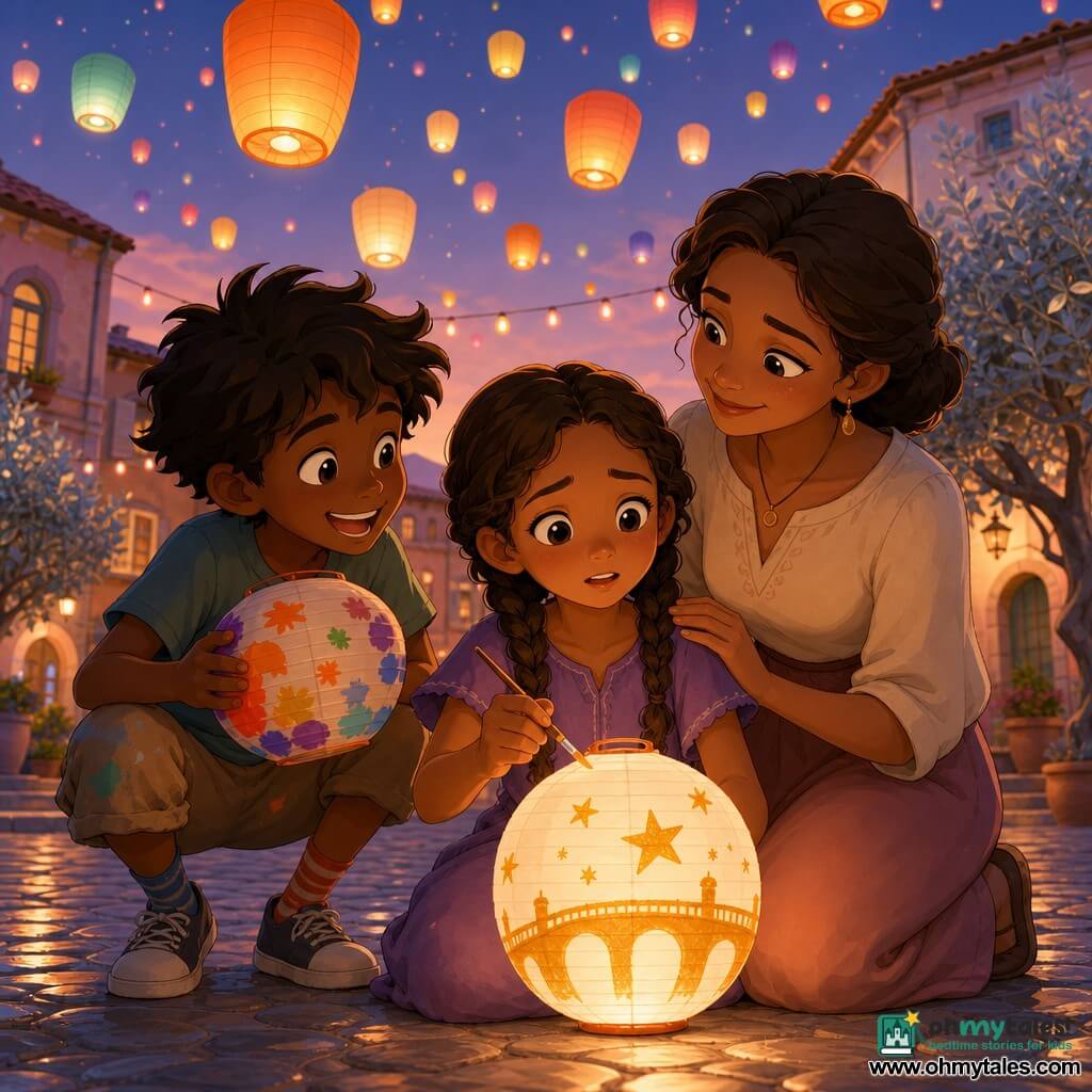 The main girl, about 10, anxious but awed with soft features, big bright eyes and chestnut hair in pigtails, paints a golden bridge and stars on a white paper lantern while holding a brush; Milo, a mischievous boy around 10 with tousled hair and mismatched socks, grins and leans in holding a paint-splattered lantern to encourage her; their smiling mother stands behind with a hand on the girl's shoulder. The twilight village square has wet cobbles, pastel stone houses, hanging lights and silver-leaved trees; hundreds of colorful paper lanterns float, casting warm orange and yellow glows. Mood: intimate, hopeful; visual style: 3D cartoon cel-shaded with visible paper textures, crisp lines, saturated warm colors and soft dusk lighting.