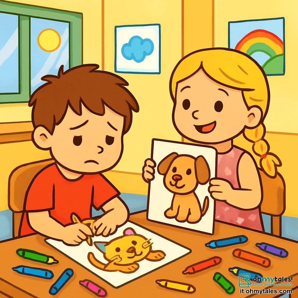 Ci sono 2 personaggi principali: Marco, un ragazzo di 5 anni con capelli castani disordinati, che indossa una maglietta rossa e pantaloni blu, seduto a un tavolo concentrato sul suo disegno di un gatto colorato; e Sofia, una ragazza di 5 anni con capelli biondi intrecciati, vestita con un abito rosa a pois, che sta accanto a Marco, sorridendo e mostrando orgogliosamente il suo disegno di un cane. La scena si svolge in un'aula luminosa e allegra, con muri gialli e finestre che lasciano entrare la luce del sole. Marco e Sofia stanno colorando i loro disegni. Marco, un po' triste, guarda il disegno di Sofia, mentre lei gli sorride per confortarlo. I due amici condividono un momento di emozione, imparando ad accettare i propri sentimenti e ad apprezzare le loro creazioni uniche.
