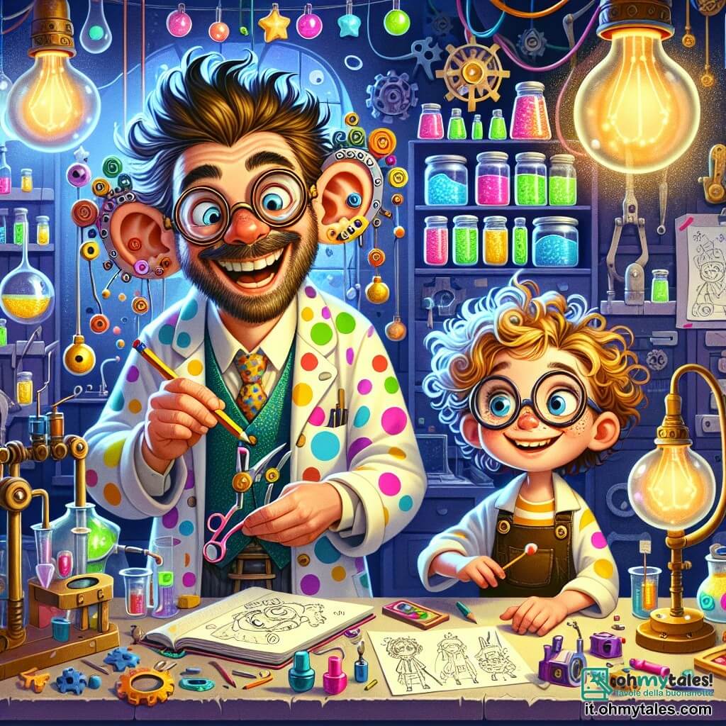 Un inventore, il signor Bartolomeo, è in piedi nel suo laboratorio con un ampio sorriso sul volto. Indossa un camice a pois colorati, occhiali tondi e ha i capelli in disordine. Tiene una matita in una mano e un grande quaderno pieno di schizzi nell'altra, circondato da macchine strane e strumenti scintillanti. Accanto a lui c'è Giulia, una ragazza di dieci anni con grandi occhi curiosi e capelli ricci, che guarda affascinata un prototipo di orecchie magiche. Il laboratorio è un luogo magico, pieno di colori vivaci, scaffali carichi di barattoli e un lampione a forma di bolla che illumina la scena. Bartolomeo e Giulia stanno creando insieme le nuove "Orecchie da Sogno", ridendo mentre assemblano materiali colorati e strumenti, catturando l'essenza dell'invenzione e dell'amicizia.