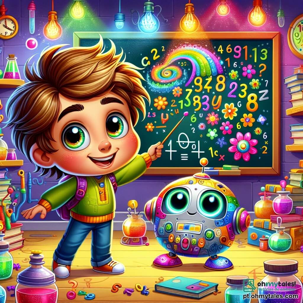 Um garoto de 8 anos, Léo, com cabelos castanhos bagunçados e olhos brilhantes de curiosidade, está diante de um grande quadro negro. Seu rosto está iluminado por um sorriso alegre, com bochechas levemente rosadas, enquanto ele aponta para uma equação colorida que se transformou em flores vibrantes. Ao seu lado, um pequeno robô chamado Zippy, com uma carcaça prateada brilhante e luzes piscantes, salta de alegria, seus olhos luminosos expressando excitação. O laboratório mágico está cheio de frascos coloridos, máquinas zumbindo e livros empilhados, criando uma atmosfera vibrante e dinâmica. As paredes são pintadas em cores vivas, e prateleiras transbordam de objetos estranhos e fascinantes. Nessa cena, Léo e Zippy trabalham juntos para resolver um desafio, cercados por letras e números que dançam ao seu redor, transformados em formas alegres e coloridas.