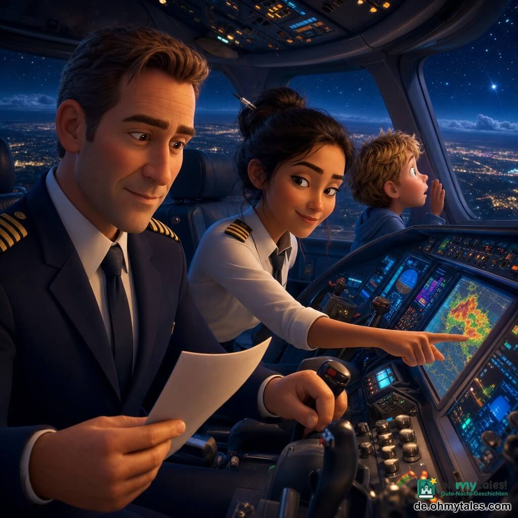 Ein etwa vierzigjähriger Pilot mit sanftem, konzentriertem Gesicht, kurzen kastanienbraunen Haaren und beruhigendem Blick trägt eine dunkelblaue Pilotenjacke mit goldenen Schulterklappen, hält in der einen Hand eine Papier-Checkliste und bedient mit der anderen die Cockpitsteuerung, neben ihm sitzt eine etwa 28-jährige Copilotin mit dunkler Haut und zusammengebundenen dunklen Haaren, ein schelmisches, aufmerksames Lächeln, sie zeigt auf eine Wetterkarte auf einem Touchscreen; hinter dem Cockpit sitzt ein etwa siebenjähriger Junge mit zerzaustem blondem Haar und staunenden Augen, die Stirn an das Fenster gedrückt, um die darunter funkelnde Stadt zu sehen; das geschlossene Hightech-Cockpit mit farbigen Knöpfen, leuchtenden Bildschirmen, gedämpftem blauem Licht und gechromten Bedienelementen zeigt durch die Fenster einen sternklaren Nachthimmel, das Flugzeug startet bei Nacht, der Pilot arbeitet ruhig seine Checkliste ab, die Copilotin justiert die Route, um ein Gewitter zu umfliegen, sichere, professionelle Atmosphäre.
