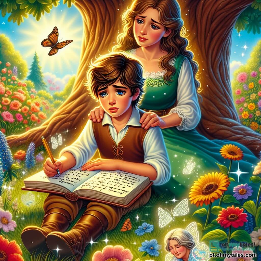Um garoto de 10 anos, com cabelos castanhos bagunçados e olhos tristes, está sentado sob um grande carvalho, segurando um caderno de memórias aberto em seu colo. Seu rosto exibe uma expressão melancólica, mas determinada, enquanto escreve lembranças de sua avó. Ao seu lado, sua mãe, uma mulher na casa dos trinta anos com cabelos longos e ondulados, o observa com ternura, as mãos apoiadas em seus ombros, oferecendo apoio reconfortante. O local é um jardim ensolarado, repleto de flores coloridas e árvores majestosas, onde a grama é de um verde vibrante. Borboletas voam ao redor, acrescentando um toque de magia ao ambiente. A cena principal mostra o garoto escrevendo histórias sobre sua avó, cercado pela beleza da natureza, simbolizando a vida e as memórias que perduram apesar da perda.