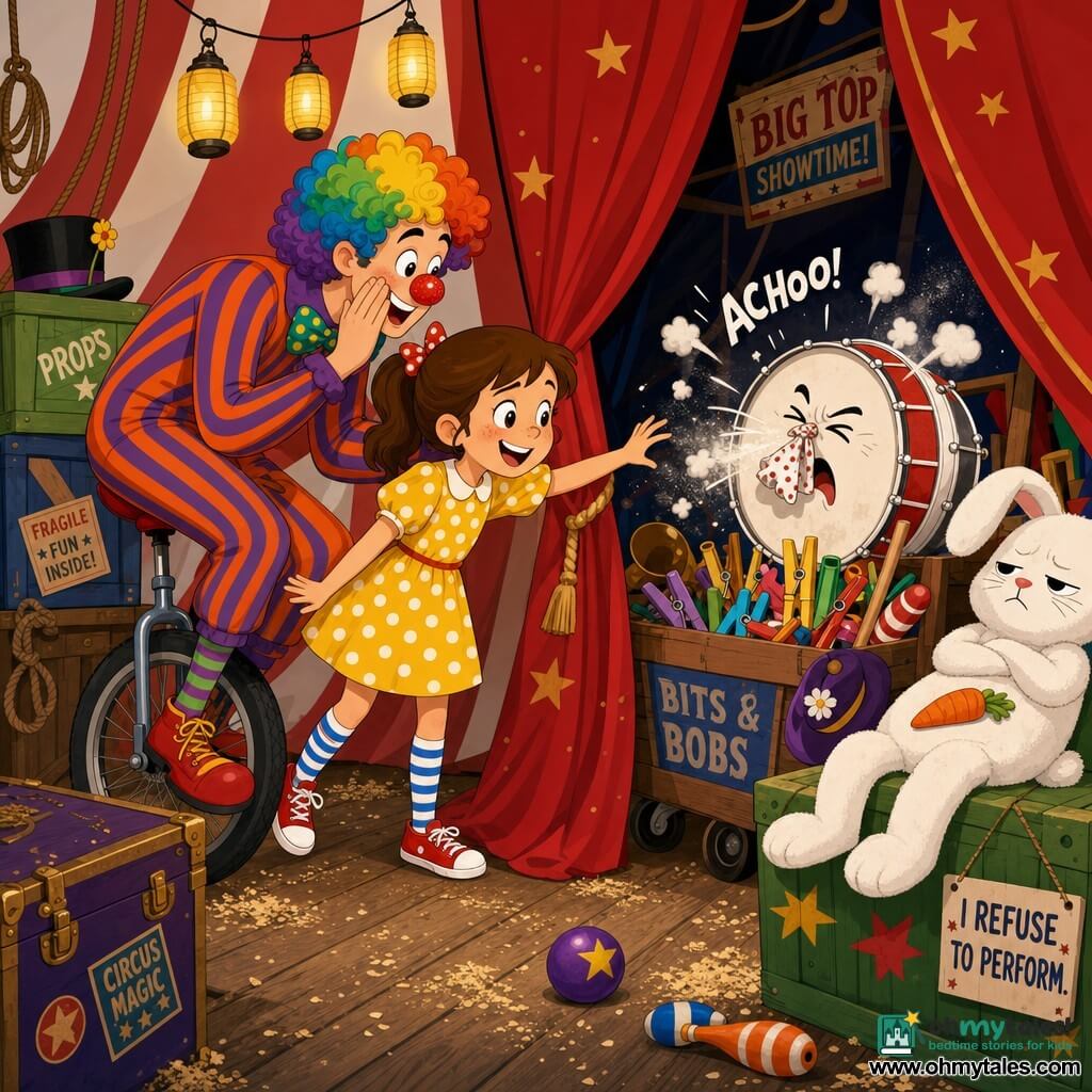 An 8-year-old girl named Poppy looks with bright eyes and a curious smile; she wears a yellow polka-dot dress, blue-and-white striped socks and red sneakers, and holds the edge of a large red curtain with one hand. A male clown of about 30 rides a unicycle to Poppy’s left; he has a glittery red nose, a multicolored curly wig, an orange-and-purple striped suit, and leans in to whisper to her. Behind the curtain a white drum dusted with flour has a small fabric fly pinned like a “nose” and appears to be sneezing, set beside a wooden cart filled with clothespins and colorful props. A giant white stuffed rabbit slumps on a crate with a small orange carrot on its belly as if refusing to move. The setting is the backstage of a circus tent: large red-and-white canvas stripes, a wooden floor strewn with light sawdust, yellow hanging lanterns, and stacked crates painted green and blue. The scene conveys magical disorder: slightly living props, bright colors, flat sharp textures, exaggerated joyful expressions; Poppy reaches toward the sneezing drum while the clown steadies her on his unicycle.