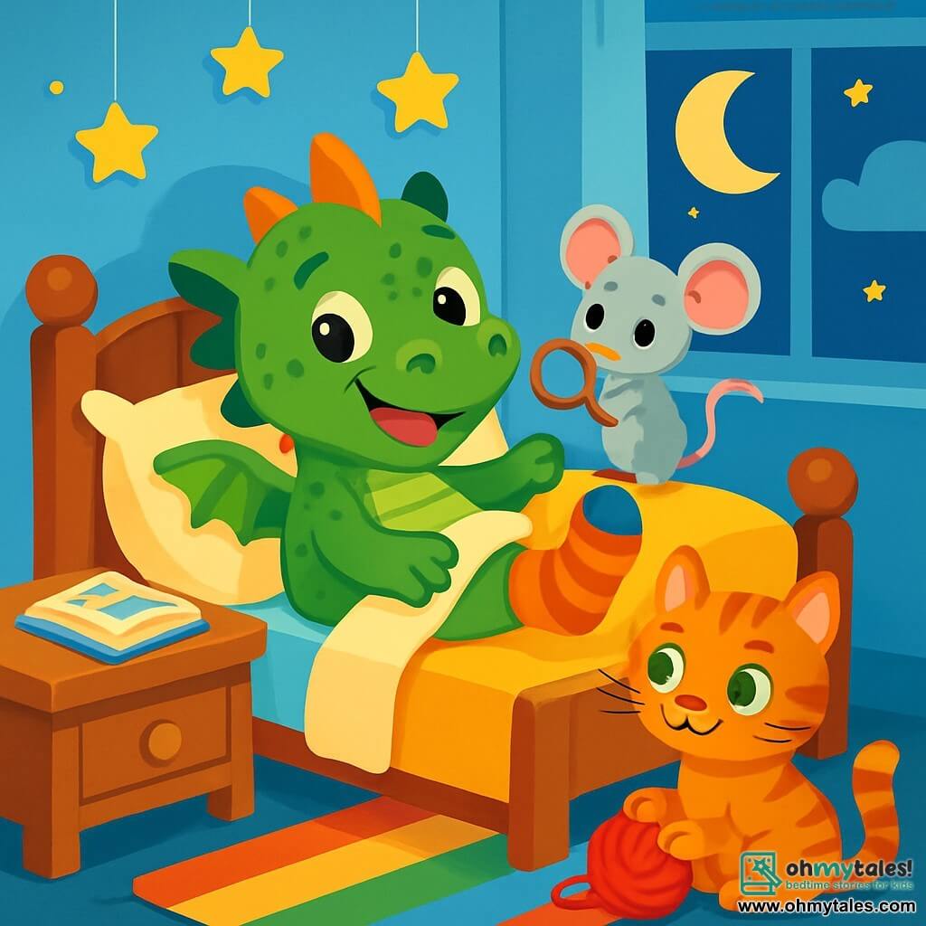 Doodle, a small green dragon with shiny scales and sparkling curious eyes, is lying in his bed with a joyful expression and a big smile. He wears a striped sock on one paw, while the other paw rests on his fluffy pillow. Button, a small gray mouse with big ears and a pink nose, is perched on the edge of the bed, eyes wide with excitement. She holds a small wooden magnifying glass, ready to help Doodle find his other sock. Pip, a tabby cat with bright green eyes, sits on the colorful striped rug, playing with a ball of yarn, his face showing a mischievous expression. The scene takes place in a cozy room with sky-blue walls and golden stars hanging from the ceiling. A large storybook is open on the nightstand, and soft moonlight streams through the window, creating a magical atmosphere. Doodle, Button, and Pip are searching for the missing sock, laughing and having fun together in this joyful and playful setting.
