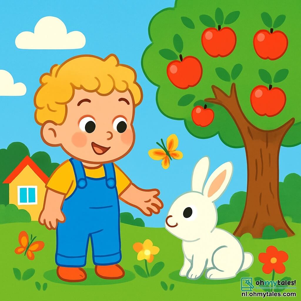Een 2-jarig jongetje met blond, krullend haar en nieuwsgierige ogen staat in een mooie tuin. Hij draagt een blauwe overall en een gele t-shirt, en hij glimlacht vrolijk naar een klein konijn. Het konijn, met zijn zachte, witte vacht en grote, glanzende ogen, lijkt nieuwsgierig en staat dicht bij een oude appelboom met takken vol rode appels. De tuin is gevuld met kleurrijke bloemen, met vlinders die rondvliegen, en de lucht is helderblauw met donzige wolken. Op de achtergrond voegt het gele huis van Tim met een rood dak een warme toets aan de scène toe. Tim steekt zijn hand uit naar het konijn met een verwonderde blik, alsof hij het wil uitnodigen om te spelen. Het konijn, geïntrigeerd, komt timide dichterbij, wat een magisch moment van opkomende vriendschap tussen hen creëert.
