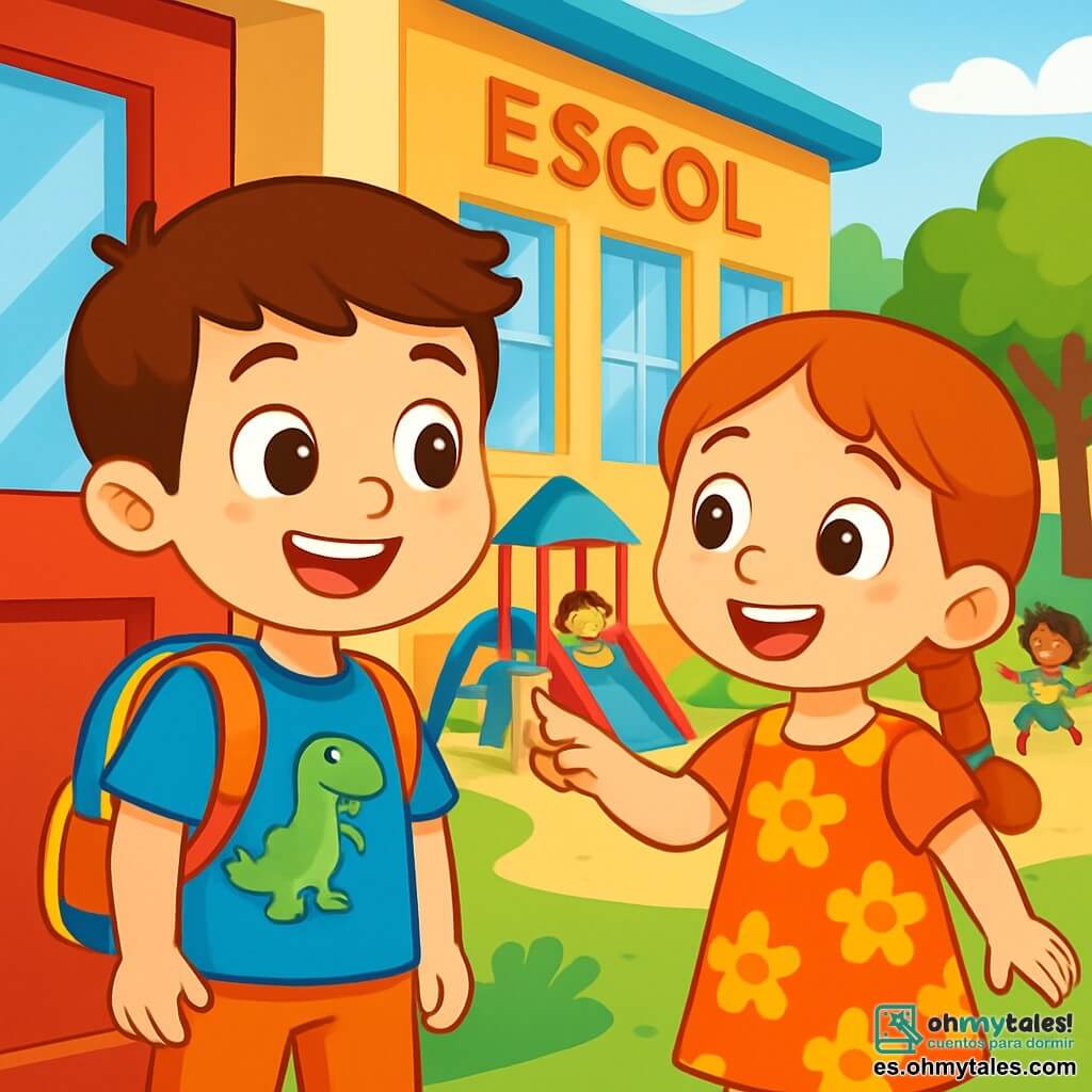 Un niño de 6 años, Tomás, con grandes ojos marrones y cabello corto castaño, está frente a una puerta de escuela roja, sonriendo. Lleva una camiseta azul brillante con un dinosaurio y una mochila colorida. A su lado, una niña de 6 años, Carla, con trenzas rojas y un vestido de flores, le muestra entusiasmada un juego de recreo. Al fondo, se ve una escuela luminosa con paredes amarillas y un gran patio lleno de juegos coloridos, árboles verdes y niños riendo. La escena representa el momento en que Tomás, emocionado y feliz, descubre su nueva escuela y hace amigos, listo para una nueva aventura.