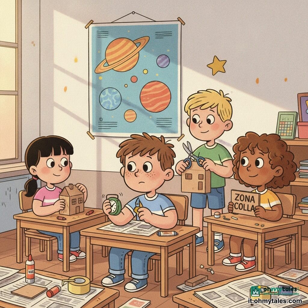Un gruppo di bambini di 8 anni costruisce una "città di cartone" in una classe colorata: Tommaso, viso rotondo con lentiggini e capelli castani corti, seduto a una piccola tavola di legno davanti a un muro bianco con un adesivo a stella gialla, usa un piccolo timer verde per una pausa calma guardando un grande cartellone delle pianete; Sara, capelli neri in coda, disegna finestre su una casetta di cartone; Luca, biondo, piega e taglia una facciata con aria orgogliosa; Amira, capelli ricci castani, scrive un cartello “ZONA COLLA” sorridendo benevola; la stanza mostra tavoli bassi, ritagli di cartone, colla, nastro adesivo, giornali e tratti di pittura, luce calda da finestra e atmosfera di collaborazione tranquilla.