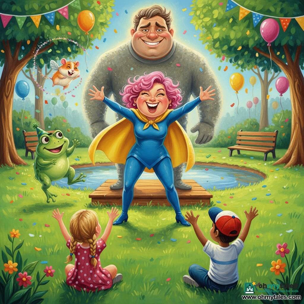 An adult woman named Wonder Wendy, about 30, round expressive face, short curly pink hair, wearing a shiny yellow cape and blue costume, stands center on a small wooden platform making an exaggerated funny grimace and gesturing; a flying hamster named Captain Nibbles, small beige-and-white with pink ears, circles her leaving a trail of glitter and sometimes perches on her shoulder; a big smiling green frog named Ribbit with a small green party hat bounces near a mirror-like pond looking at Wendy; a reformed villain Frownzilla, a tall stocky man with slightly textured gray skin, stands behind the platform transitioning from a frown to a wide smile with a soft halo of light; two children in the audience—a 7-year-old girl with blonde braids and a polka-dot dress and a 6-year-old boy in jeans and a red cap—sit on the grass laughing with hands raised; the colorful park has a bright green lawn, multicolored banners, floating balloons, wooden benches, round-leaf trees, confetti and petals in the air; main scene: a joyful show where Wonder Wendy turns sadness into laughter, Captain Nibbles flies, Ribbit dances and Frownzilla begins to smile, with bright lighting, vivid contrasts, saturated colors and visible acrylic textures.