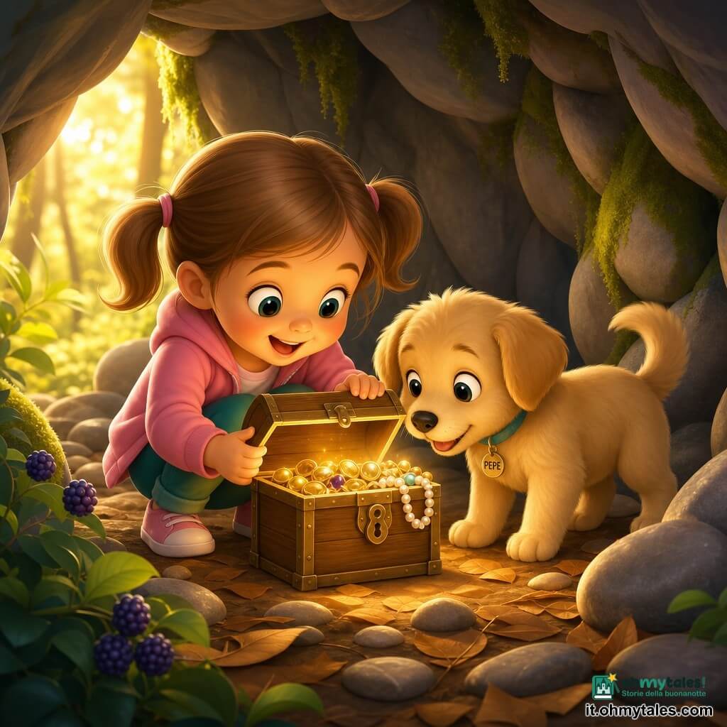 Una bimba di 4 anni, Anna, radiosa e curiosa con capelli castano chiaro a codini, occhi grandi e sorrisi stupiti, accovacciata ad aprire un piccolo scrigno di legno; accanto a lei Pepe, un cagnolino beige dal pelo morbido che scodinzola e annusa lo scrigno. La grotta è piccola e accogliente con pareti di pietra grigia striata, muschio verde lucente e qualche mora viola all'ingresso; il terreno è coperto di foglie brune e ciottoli levigati, una luce dorata filtra tra gli alberi creando riflessi caldi sullo scrigno. Scena di scoperta di un tesoro, sorpresa e gioia, composizione centrata su Anna e Pepe, atmosfera intima con colori caldi e contrasti morbidi.