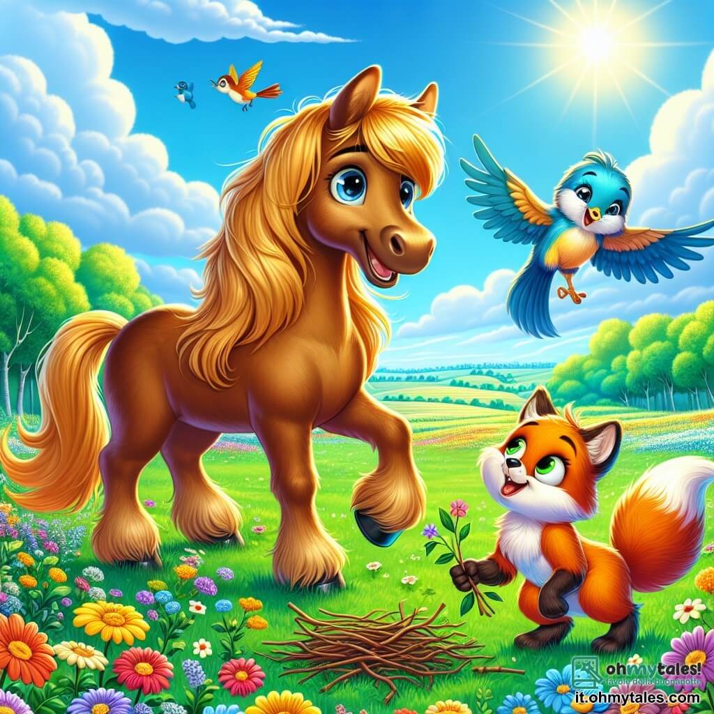 Un cavallo di nome Berto, con un manto dorato e lucente e occhi pieni di gentilezza, si trova al centro di un campo verde, sorridendo con entusiasmo. Accanto a lui, una piccola volpe rossa, Rosetta, con occhi maliziosi, raccoglie rametti con la sua coda folta, mentre un uccello blu, Lalla, vola gioiosamente intorno a loro, cantando felice. Il luogo è un vasto prato punteggiato di fiori colorati, sotto un cielo blu brillante, dove il sole splende intensamente. La scena mostra Berto, Rosetta e Lalla mentre costruiscono un bel nido insieme, circondati da risate e gioia, illustrando l'amicizia e la cooperazione.