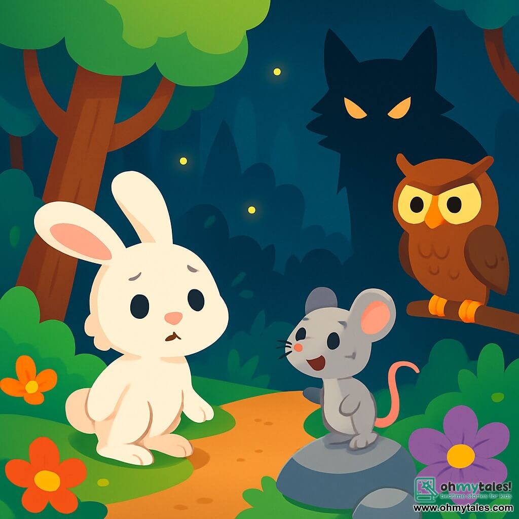 A small white rabbit with large floppy ears and soft, silky fur looks on with curiosity and a hint of worry. It stands at the edge of a path, its paws slightly apart, ready to move forward. Next to it, a small gray mouse with sparkling eyes, wearing an excited expression, climbs onto a rock for a better view. A wise owl with brown feathers, perched on a branch, observes the scene with an attentive and serious look. The setting is an enchanted forest filled with colorful flowers with shiny petals, sparkling fireflies in the air, and tall trees with gnarled trunks. In the distance, a menacing shadow looms, that of the Big Bad Wolf, whose eyes shine like stars in the night. The main situation shows Bunny and his friends gathered, ready to venture toward the wolf's den, with an atmosphere that is both exciting and a little scary.