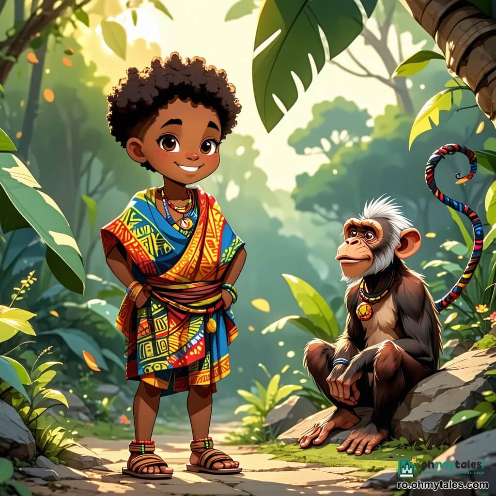Kofi, un băiat de aproximativ 12 ani, stă în centrul imaginii, cu ochii strălucitori și un zâmbet larg de entuziasm. Poartă o tunică din țesătură colorată, împodobită cu motive africane vibrante, și sandale din piele. Părul său creț este împletit în mici codițe, iar în mâna dreaptă ține un talisman sculptat din lemn de shea, privind cu curiozitate drumul din fața lui. La dreapta sa, un babuín în vârstă, cu blană brună și ochi jucăuși, stă pe o piatră, observându-l pe Kofi cu un aer înțelept. Decorul este o savană aurie, presărată cu baobabi măreți și iarbă înaltă care se leagănă în vânt. Kofi se află la o răscruce unde se despart trei căi, fiecare ducând spre o aventură diferită: una spre o pădure densă, alta spre un deșert strălucitor și ultima spre un lac sclipitor. Plin de entuziasm și ezitare, Kofi se pregătește să-și aleagă calea, simbolizând începutul călătoriei sale spre descoperirea de sine.